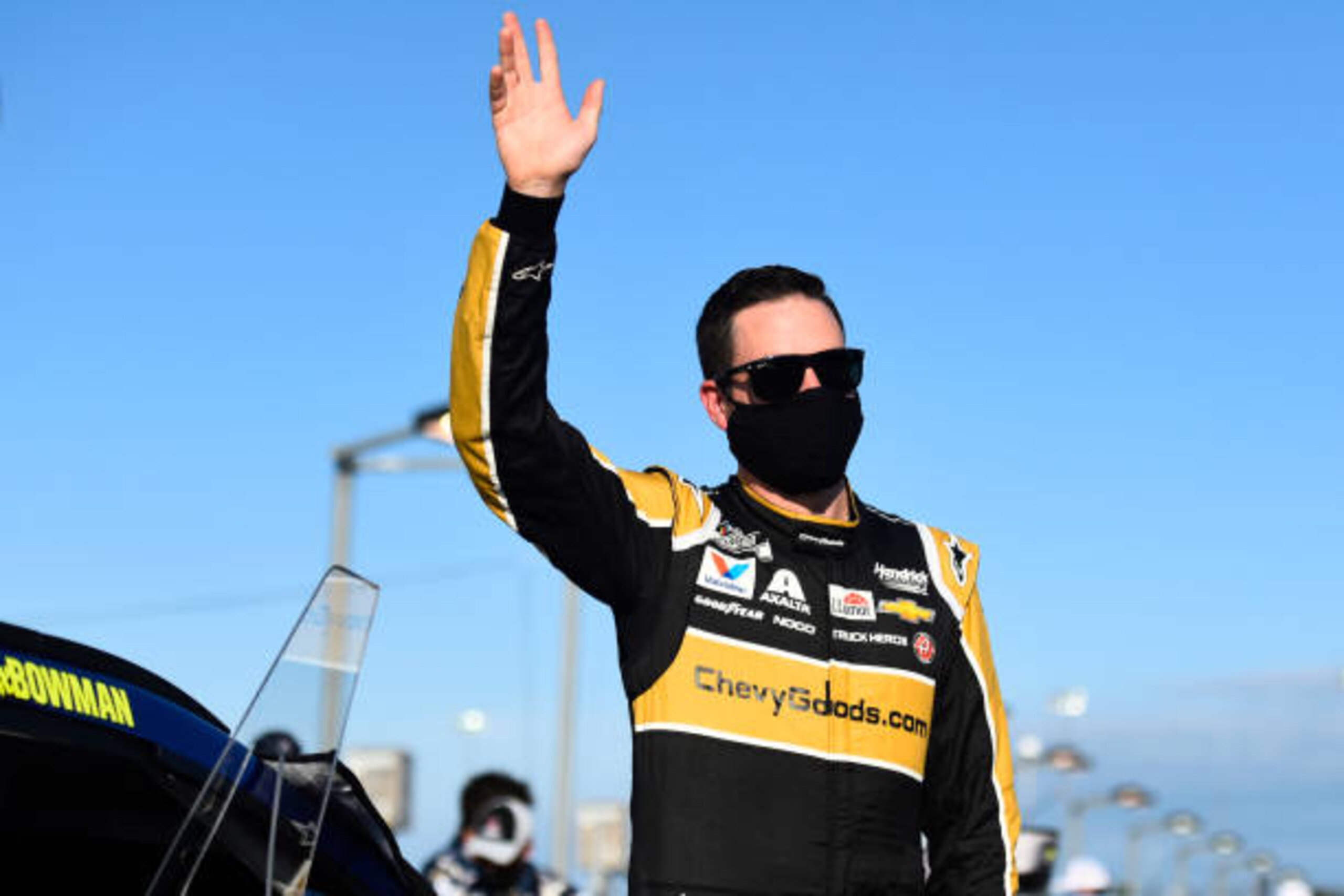 DARLINGTON, SOUTH CAROLINA - SEPTEMBER 06: Alex Bowman, driver of the #88 ChevyGoods.com/Truck Hero Chevrolet, waves to fans from the grid prior to the NASCAR Cup Series Cook Out Southern 500 at Darlington Raceway on September 06, 2020 in Darlington, South Carolina. (Photo by Jared C. Tilton/Getty Images)