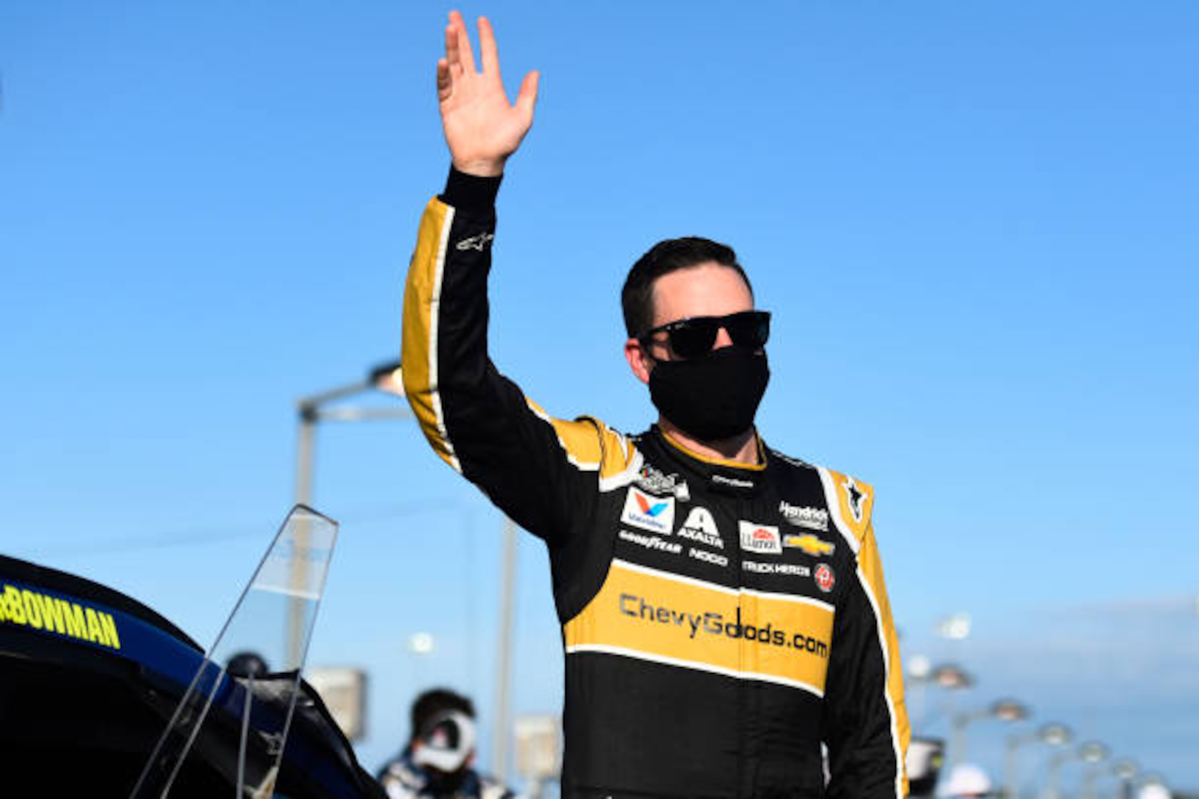DARLINGTON, SOUTH CAROLINA - SEPTEMBER 06: Alex Bowman, driver of the #88 ChevyGoods.com/Truck Hero Chevrolet, waves to fans from the grid prior to the NASCAR Cup Series Cook Out Southern 500 at Darlington Raceway on September 06, 2020 in Darlington, South Carolina. (Photo by Jared C. Tilton/Getty Images)