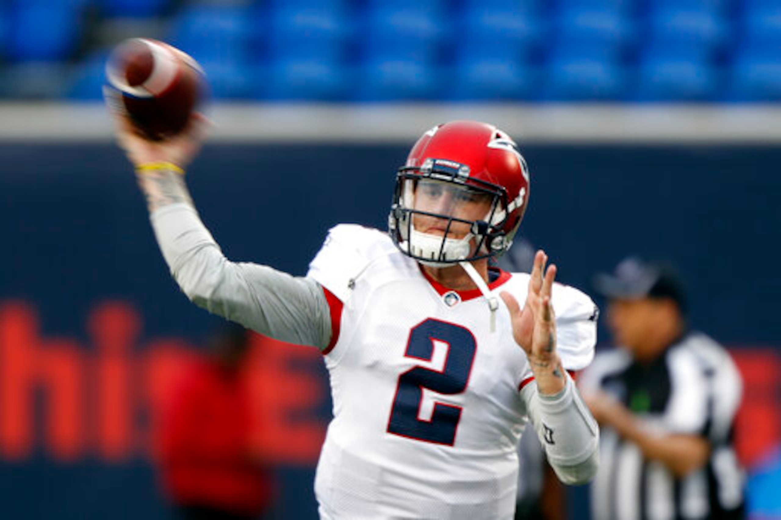 Memphis Express quarterback Johnny Manziel throws to a receiver during warms ups before an AAF football game against the Birmingham Iron, Sunday, March 24, 2019, at Liberty Bowl Memorial Stadium in Memphis, Tenn. (AP Photo/Wade Payne) Memphis Express quarterback Johnny Manziel throws to a receiver during warms ups before an AAF football game against the Birmingham Iron, Sunday, March 24, 2019, at Liberty Bowl Memorial Stadium in Memphis, Tenn. (AP Photo/Wade Payne)