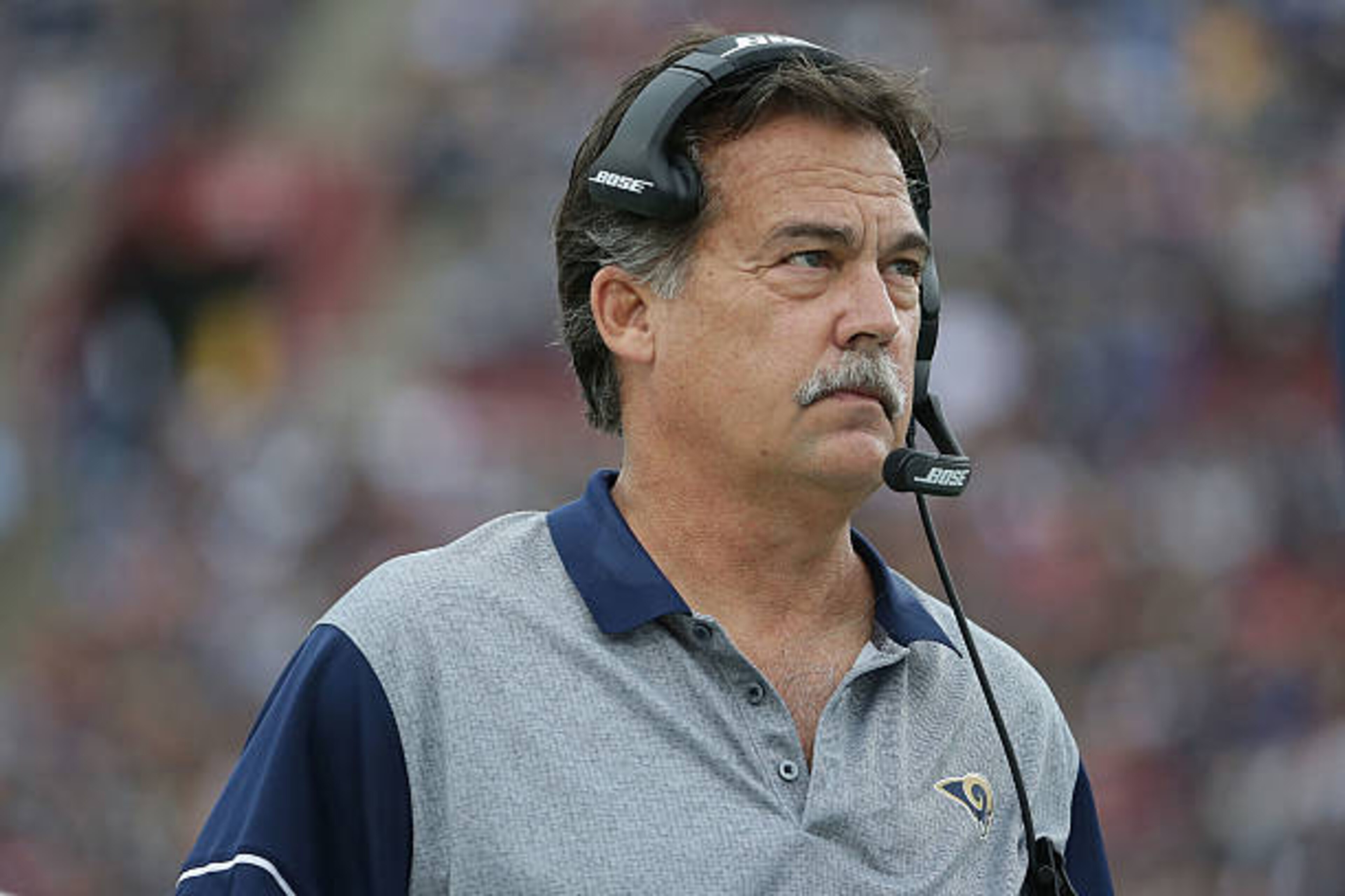 LOS ANGELES, CA - DECEMBER 11:  Head coach Jeff Fisher of the Los Angeles Rams looks on against the Atlanta Falcons in the first half at Los Angeles Memorial Coliseum on December 11, 2016 in Los Angeles, California.  (Photo by Jeff Gross/Getty Images)