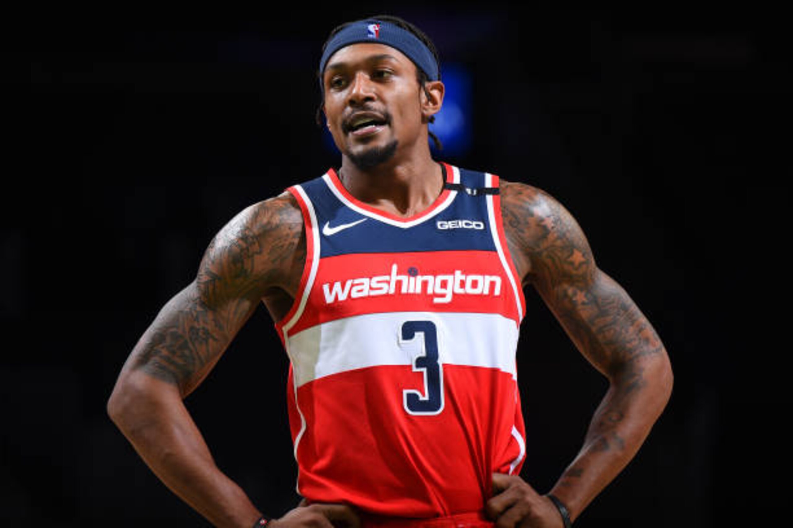 BOSTON, MA - JANUARY 8: Bradley Beal #3 of the Washington Wizards looks on during the game against the Boston Celtics on January 8, 2021 at the TD Garden in Boston, Massachusetts.  NOTE TO USER: User expressly acknowledges and agrees that, by downloading and or using this photograph, User is consenting to the terms and conditions of the Getty Images License Agreement. Mandatory Copyright Notice: Copyright 2021 NBAE  (Photo by Brian Babineau/NBAE via Getty Images)