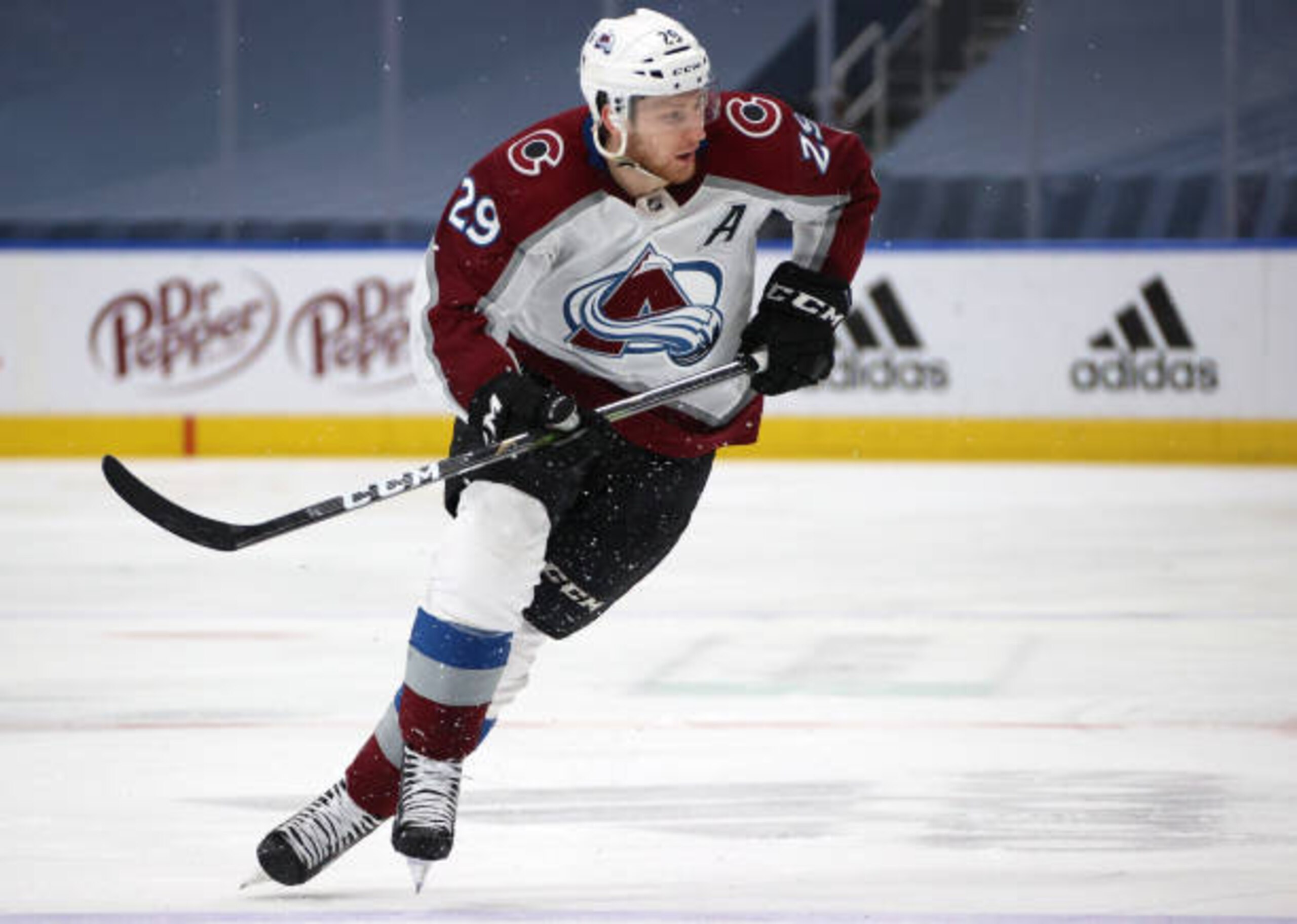 EDMONTON, ALBERTA - SEPTEMBER 02: Nathan MacKinnon #29 of the Colorado Avalanche skates against the Dallas Stars during the second period of Game Six of the Western Conference Second Round during the 2020 NHL Stanley Cup Playoffs at Rogers Place on September 02, 2020 in Edmonton, Alberta. (Photo by Dave Sandford/NHLI via Getty Images)
