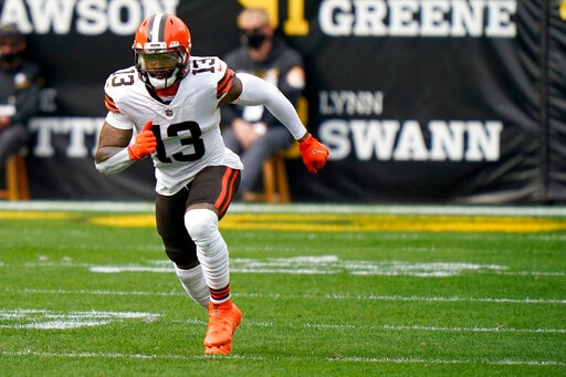 Cleveland Browns wide receiver Odell Beckham Jr. (13) in action during an NFL football game against the Pittsburgh Steelers, Sunday, Oct. 18, 2020, in Pittsburgh. (AP Photo/Justin Berl)