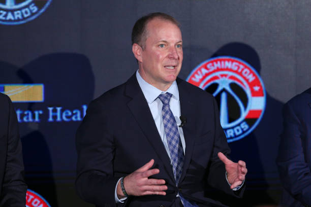 WASHINGTON, DC - JULY 22: Tommy Sheppard, general manager of the Washington Wizards, speaks to the media during a press conference on July 22, 2019 at Capital One Arena in Washington, DC. NOTE TO USER: User expressly acknowledges and agrees that, by downloading and/or using this photograph, user is consenting to the terms and conditions of the Getty Images License Agreement. Mandatory Copyright Notice: Copyright 2019 NBAE (Photo by Ned Dishman/NBAE via Getty Images)