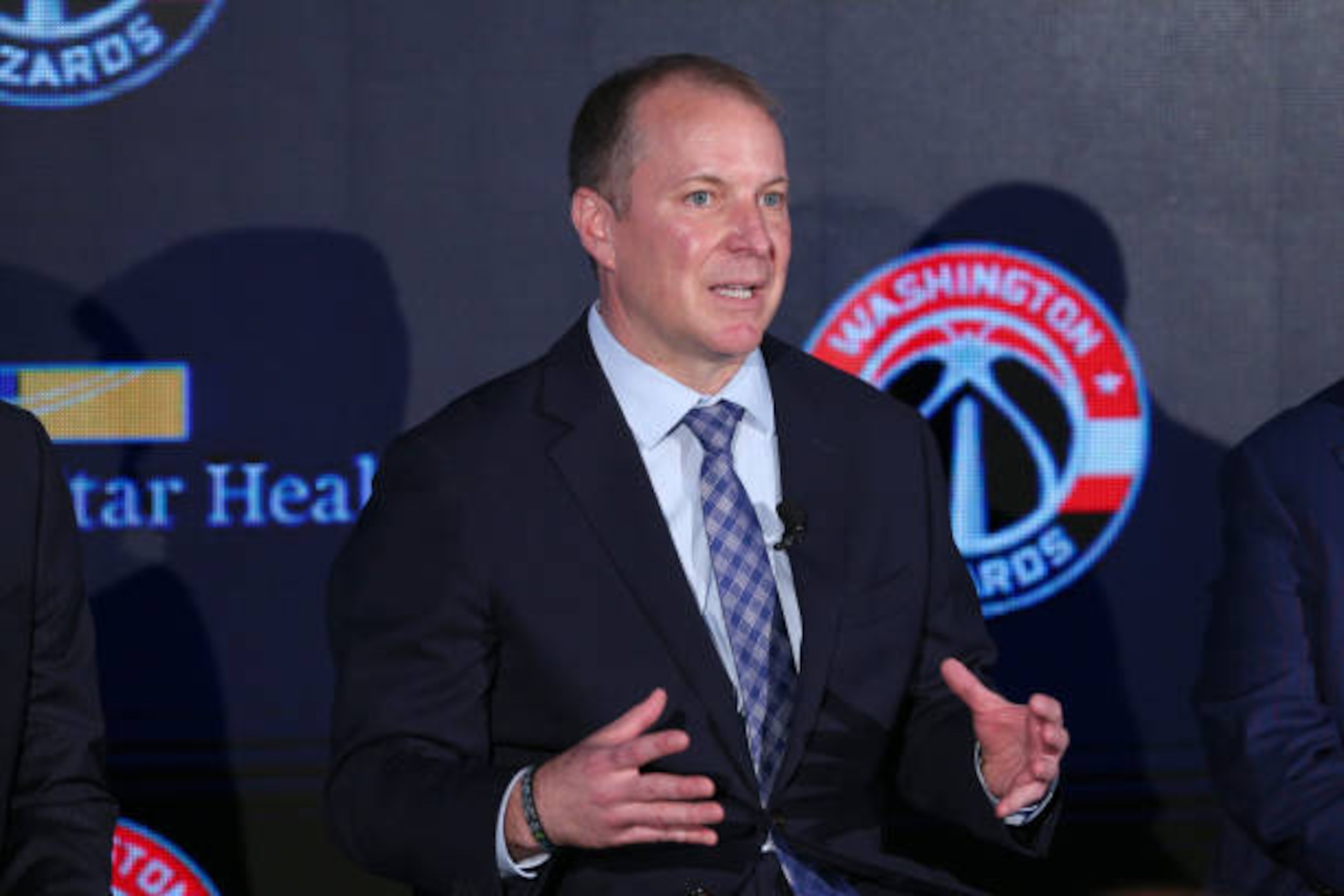 WASHINGTON, DC - JULY 22: Tommy Sheppard, general manager of the Washington Wizards, speaks to the media during a press conference on July 22, 2019 at Capital One Arena in Washington, DC. NOTE TO USER: User expressly acknowledges and agrees that, by downloading and/or using this photograph, user is consenting to the terms and conditions of the Getty Images License Agreement. Mandatory Copyright Notice: Copyright 2019 NBAE (Photo by Ned Dishman/NBAE via Getty Images) WASHINGTON, DC - JULY 22: Tommy Sheppard, general manager of the Washington Wizards, speaks to the media during a press conference on July 22, 2019 at Capital One Arena in Washington, DC. NOTE TO USER: User expressly acknowledges and agrees that, by downloading and/or using this photograph, user is consenting to the terms and conditions of the Getty Images License Agreement. Mandatory Copyright Notice: Copyright 2019 NBAE (Photo by Ned Dishman/NBAE via Getty Images)