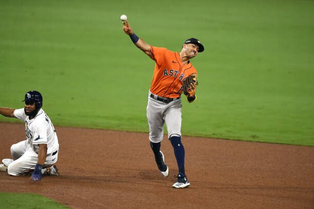 Baseball: ALCS Playoffs: Houston Astros Carlos Correa (1) in action, throwing vs Tampa Bay Rays at 
Petco Park. Game 7. San Diego, CA 10/17/2020
CREDIT: John W. McDonough (Photo by John W. McDonough/Sports Illustrated via Getty Images) (Set Number: X163419)