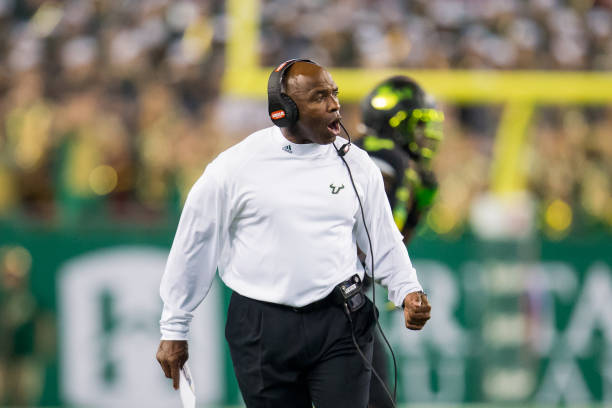 TAMPA, FL - NOVEMBER 07: University of South Florida head coach Charlie Strong yells during a college football game between the Temple University Owls and the University of South Florida Bulls on November 07, 2019, at Raymond James Stadium in Tampa, FL.  (Photo by Mary Holt/Icon Sportswire via Getty Images)