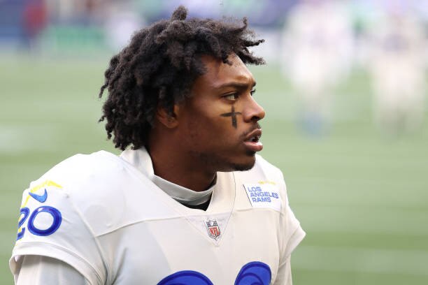 SEATTLE, WASHINGTON - DECEMBER 27: Jalen Ramsey #20 of the Los Angeles Rams looks on while heading in for halftime against the Seattle Seahawks at Lumen Field on December 27, 2020 in Seattle, Washington. (Photo by Abbie Parr/Getty Images)