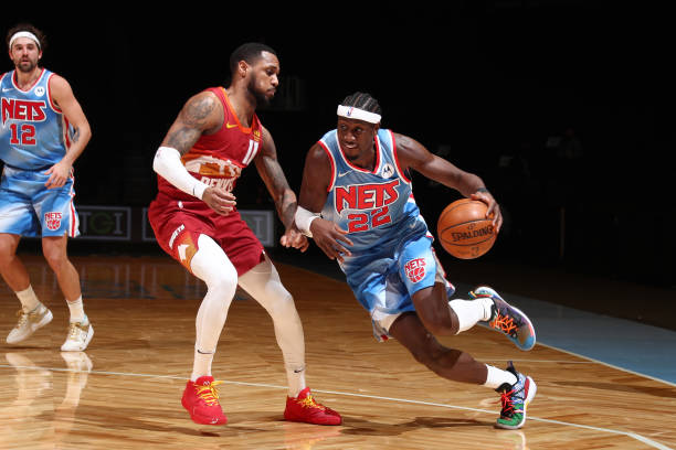 BROOKLYN, NY - JANUARY 12: Caris LeVert #22 of the Brooklyn Nets handles the ball during the game against the Denver Nuggets on January 12, 2021 at Barclays Center in Brooklyn, New York. NOTE TO USER: User expressly acknowledges and agrees that, by downloading and or using this Photograph, user is consenting to the terms and conditions of the Getty Images License Agreement. Mandatory Copyright Notice: Copyright 2021 NBAE (Photo by Nathaniel S. Butler/NBAE via Getty Images)