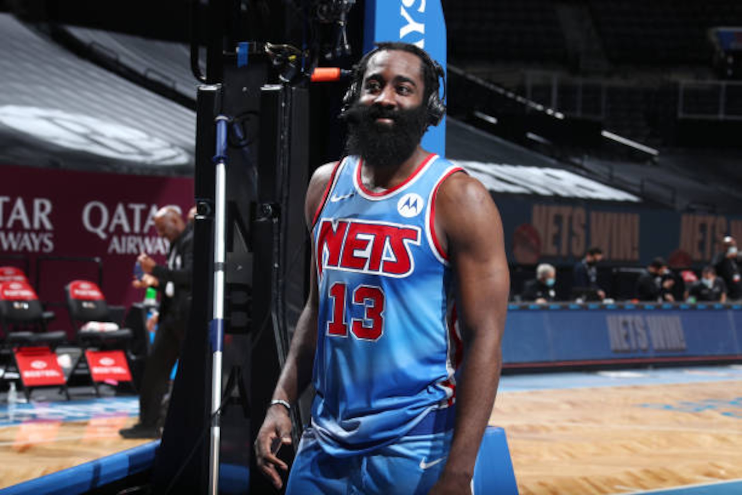 BROOKLYN, NY - JANUARY 16: James Harden #13 of the Brooklyn Nets smiles after the game against the Orlando Magic on January 16, 2021 at Barclays Center in Brooklyn, New York. NOTE TO USER: User expressly acknowledges and agrees that, by downloading and or using this Photograph, user is consenting to the terms and conditions of the Getty Images License Agreement. Mandatory Copyright Notice: Copyright 2021 NBAE (Photo by Nathaniel S. Butler/NBAE via Getty Images) BROOKLYN, NY - JANUARY 16: James Harden #13 of the Brooklyn Nets smiles after the game against the Orlando Magic on January 16, 2021 at Barclays Center in Brooklyn, New York. NOTE TO USER: User expressly acknowledges and agrees that, by downloading and or using this Photograph, user is consenting to the terms and conditions of the Getty Images License Agreement. Mandatory Copyright Notice: Copyright 2021 NBAE (Photo by Nathaniel S. Butler/NBAE via Getty Images)