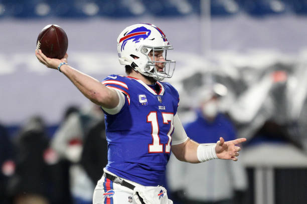 ORCHARD PARK, NEW YORK - JANUARY 16: Josh Allen #17 of the Buffalo Bills passes in the second quarter against the Baltimore Ravens during the AFC Divisional Playoff game at Bills Stadium on January 16, 2021 in Orchard Park, New York. (Photo by Bryan M. Bennett/Getty Images)