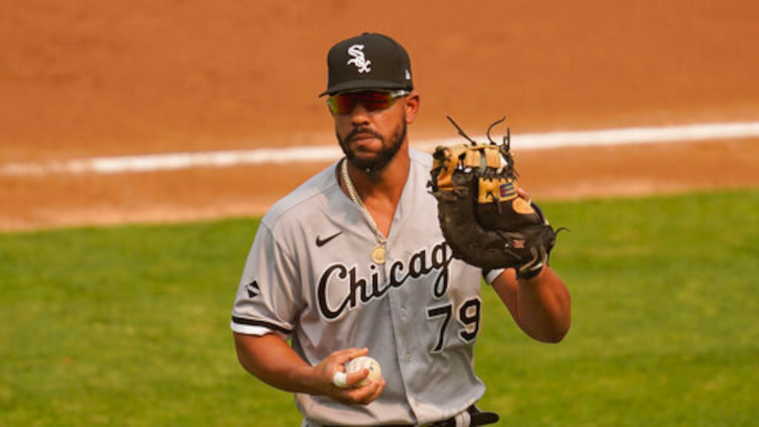 Chicago White Sox first baseman Jose Abreu (79) during the second inning of Game 3 of an American League wild-card baseball series against the Oakland Athletics Thursday, Oct. 1, 2020, in Oakland, Calif. (AP Photo/Eric Risberg)