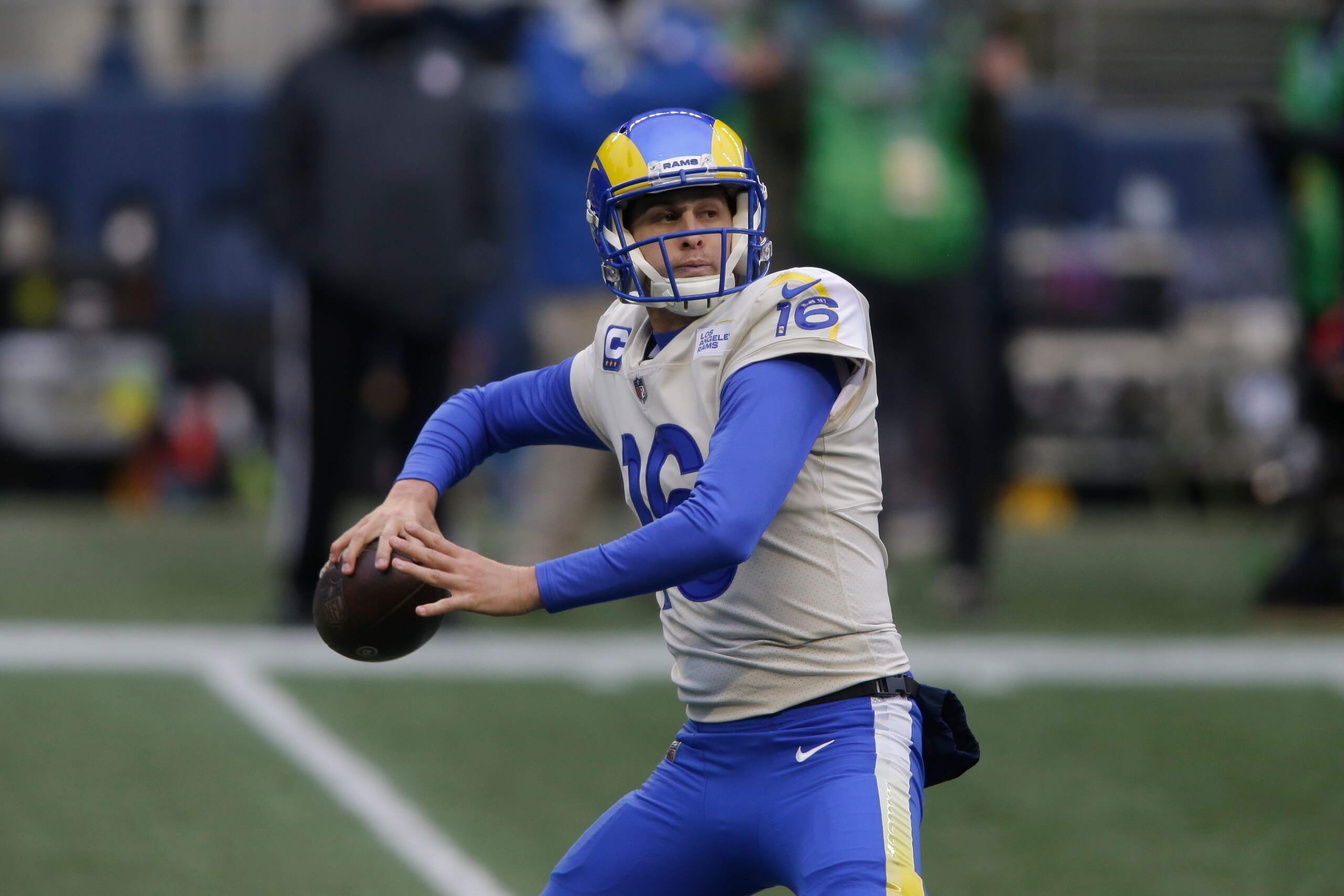 Los Angeles Rams quarterback Jared Goff in action against the Seattle Seahawks during the first half of an NFL wild-card playoff football game, Saturday, Jan. 9, 2021, in Seattle. (AP Photo/Scott Eklund)