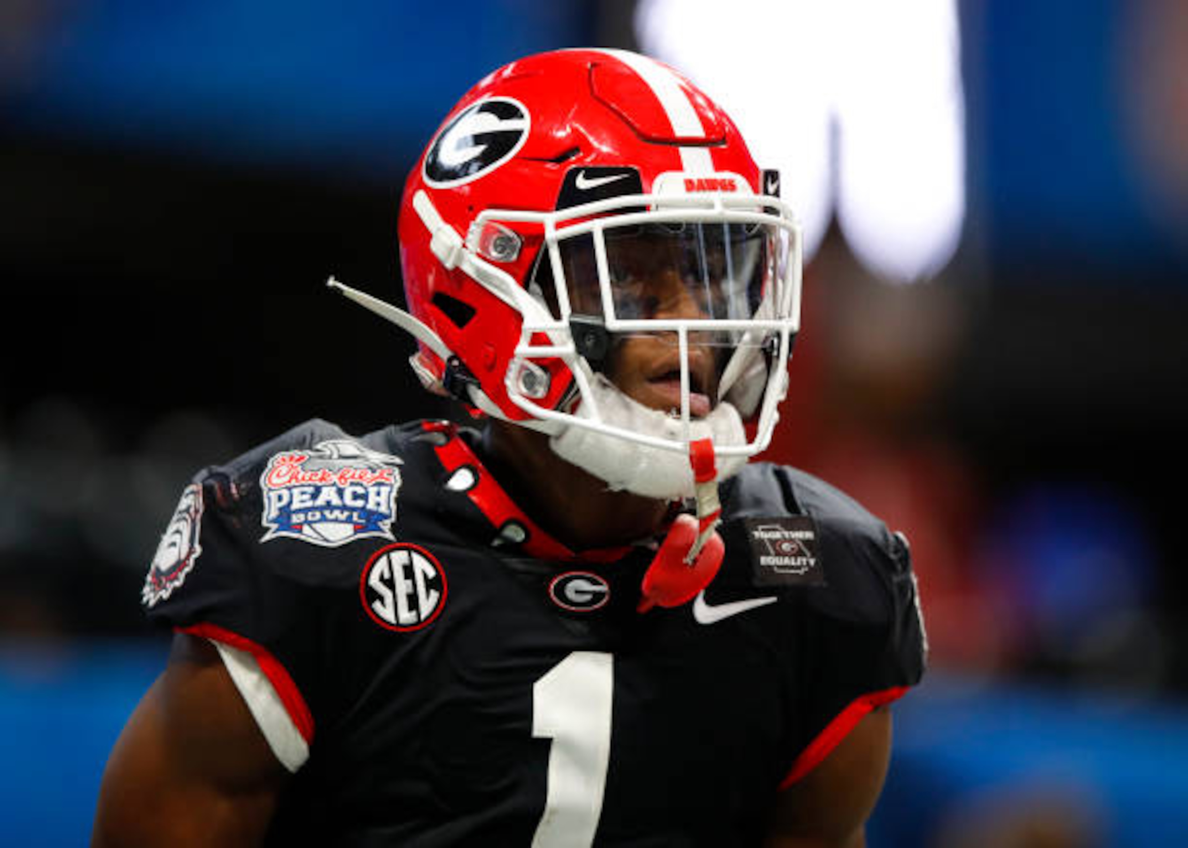 ATLANTA, GA - JANUARY 01: George Pickens #1 of the Georgia Bulldogs reacts after a touchdown during the first half of the Chick-fil-A Peach Bowl against the Cincinnati Bearcats at Mercedes-Benz Stadium on January 1, 2021 in Atlanta, Georgia. (Photo by Todd Kirkland/Getty Images) ATLANTA, GA - JANUARY 01: George Pickens #1 of the Georgia Bulldogs reacts after a touchdown during the first half of the Chick-fil-A Peach Bowl against the Cincinnati Bearcats at Mercedes-Benz Stadium on January 1, 2021 in Atlanta, Georgia. (Photo by Todd Kirkland/Getty Images)