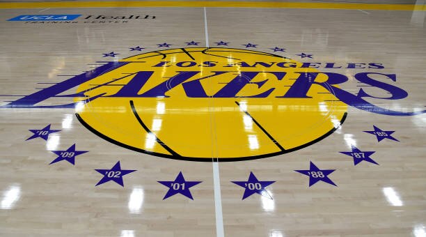 LOS ANGELES, CA - MAY 29:  View of the Los Angeles Lakers logo on the floor of  the UCLA Health Training Center, their training faculity, on May 29, 2018 in Los Angeles, California. NOTE TO USER: User expressly acknowledges and agrees that, by downloading and or using this photograph, User is consenting to the terms and conditions of the Getty Images License Agreement.  (Photo by Jayne Kamin-Oncea/Getty Images)