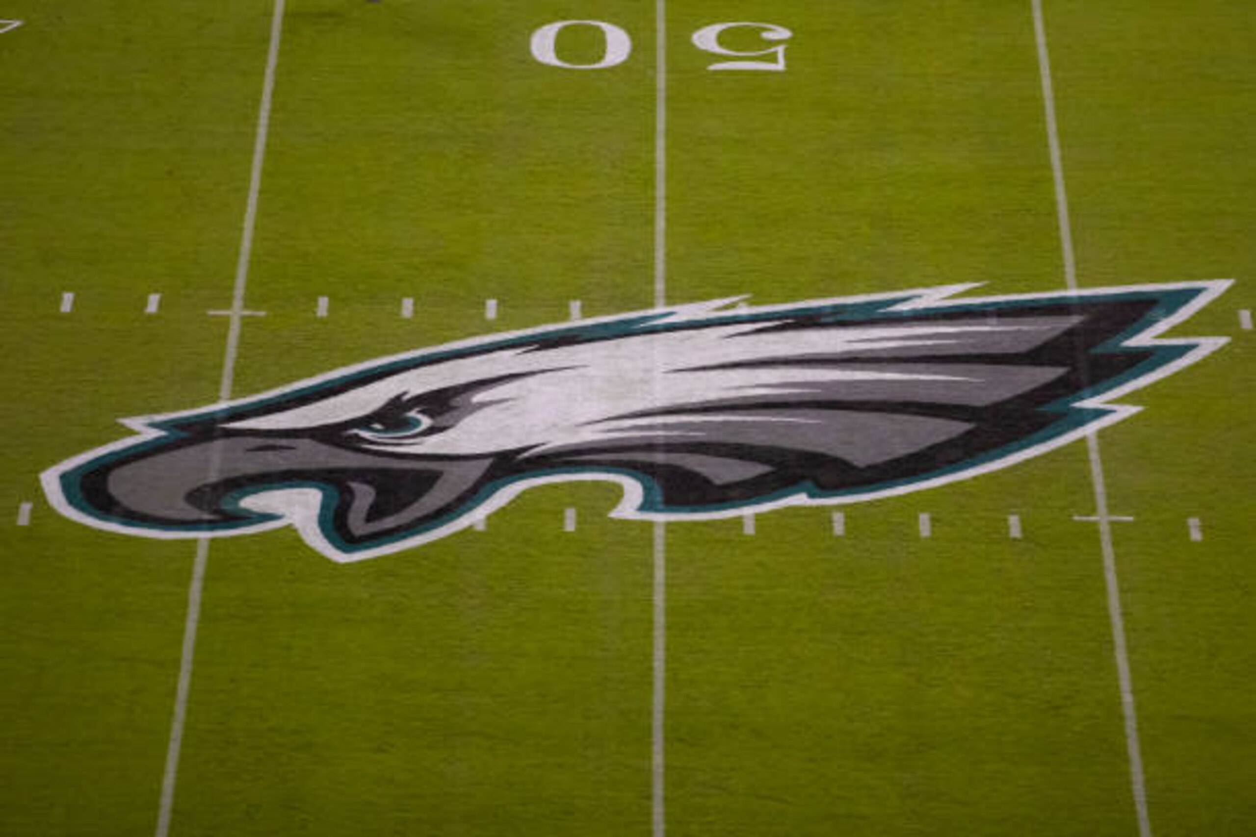 PHILADELPHIA, PA - NOVEMBER 01: A detailed view of the Philadelphia Eagles logo at midfield prior to the game against the Dallas Cowboys at Lincoln Financial Field on November 1, 2020 in Philadelphia, Pennsylvania. (Photo by Mitchell Leff/Getty Images)