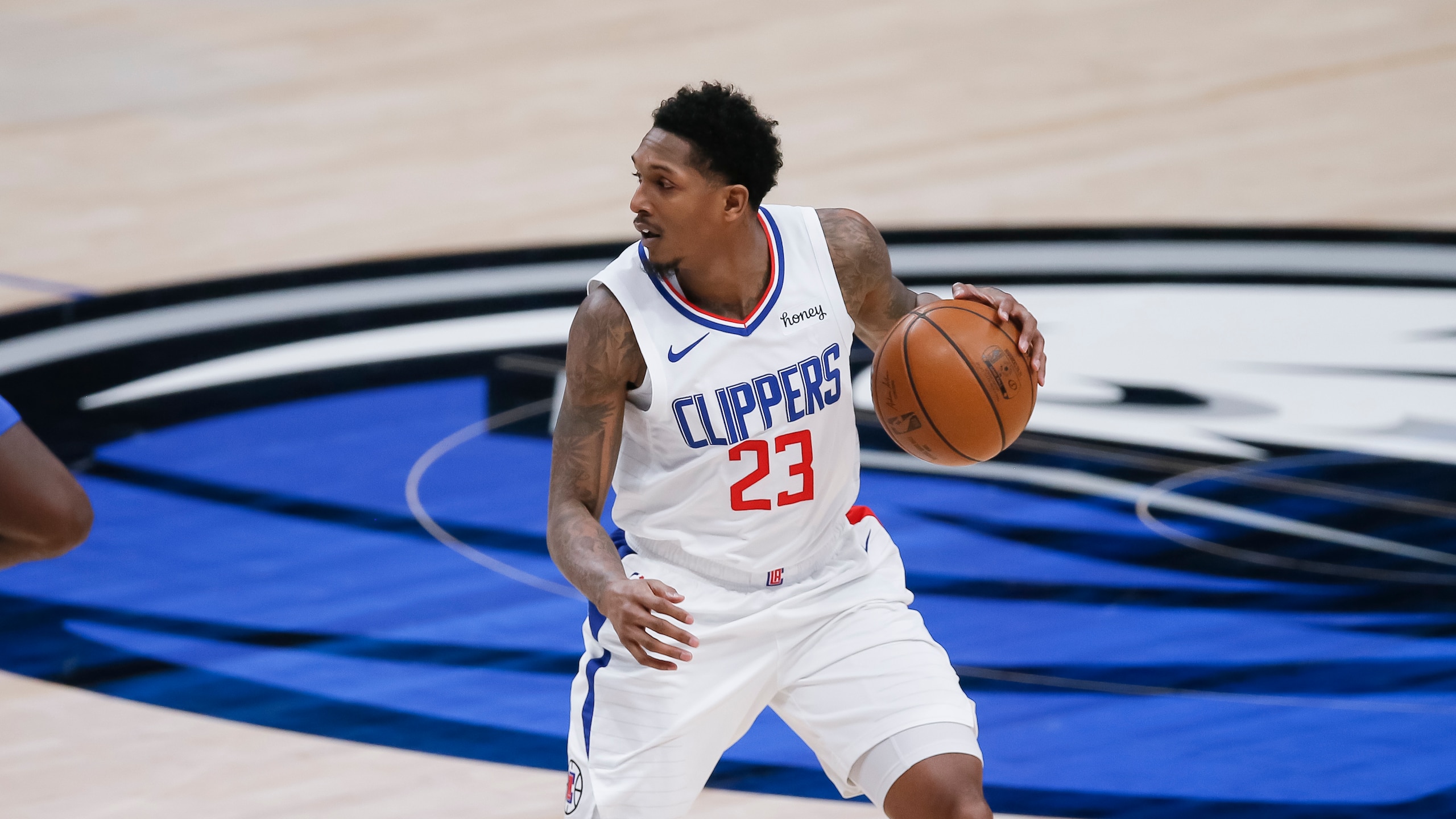 Los Angeles Clippers guard Lou Williams (23) during an NBA basketball game against the Dallas Mavericks, Monday, March 15, 2021, in Dallas. Los Angels won 109-99. (AP Photo/Brandon Wade)