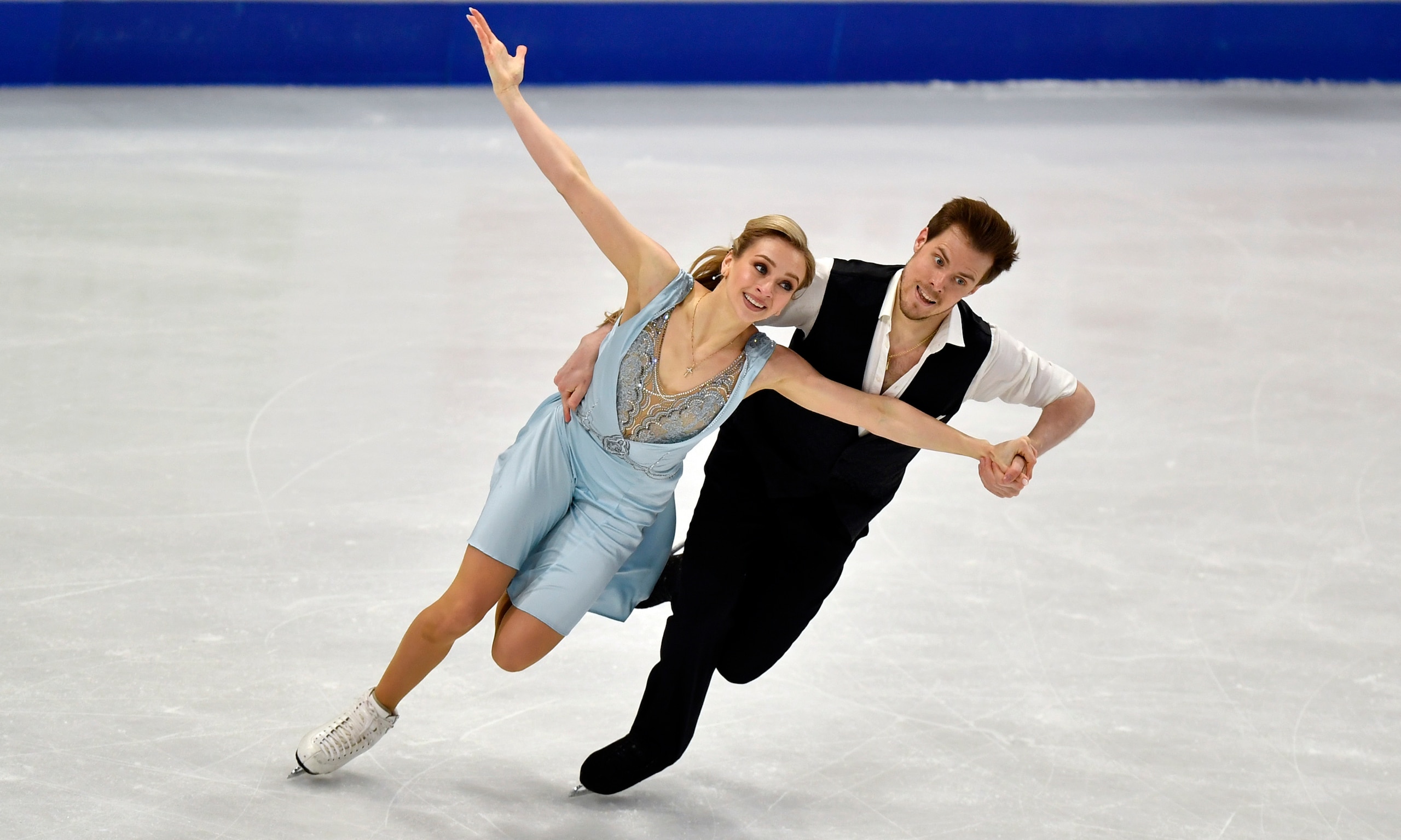 Russian ice dancers Victoria Sinitsina and Nikita Katsalapov perform during the Ice Dance - Rhythm Dance at the Figure Skating World Championships in Stockholm, Sweden, Friday, March 26, 2021. (AP Photo/Martin Meissner)