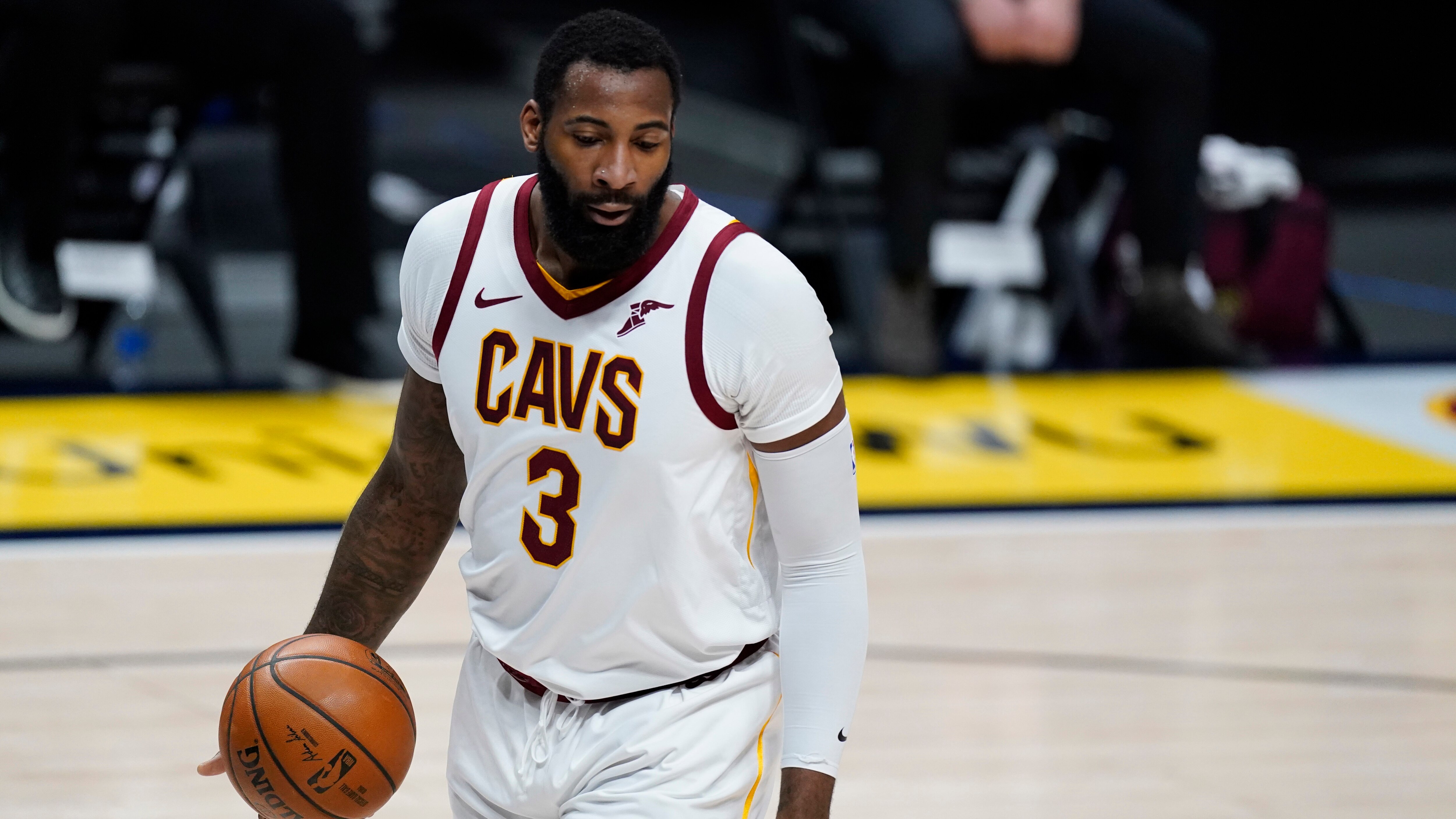 Cleveland Cavaliers center Andre Drummond (3) in the first half of an NBA basketball game Wednesday, Feb. 10, 2021, in Denver. (AP Photo/David Zalubowski)