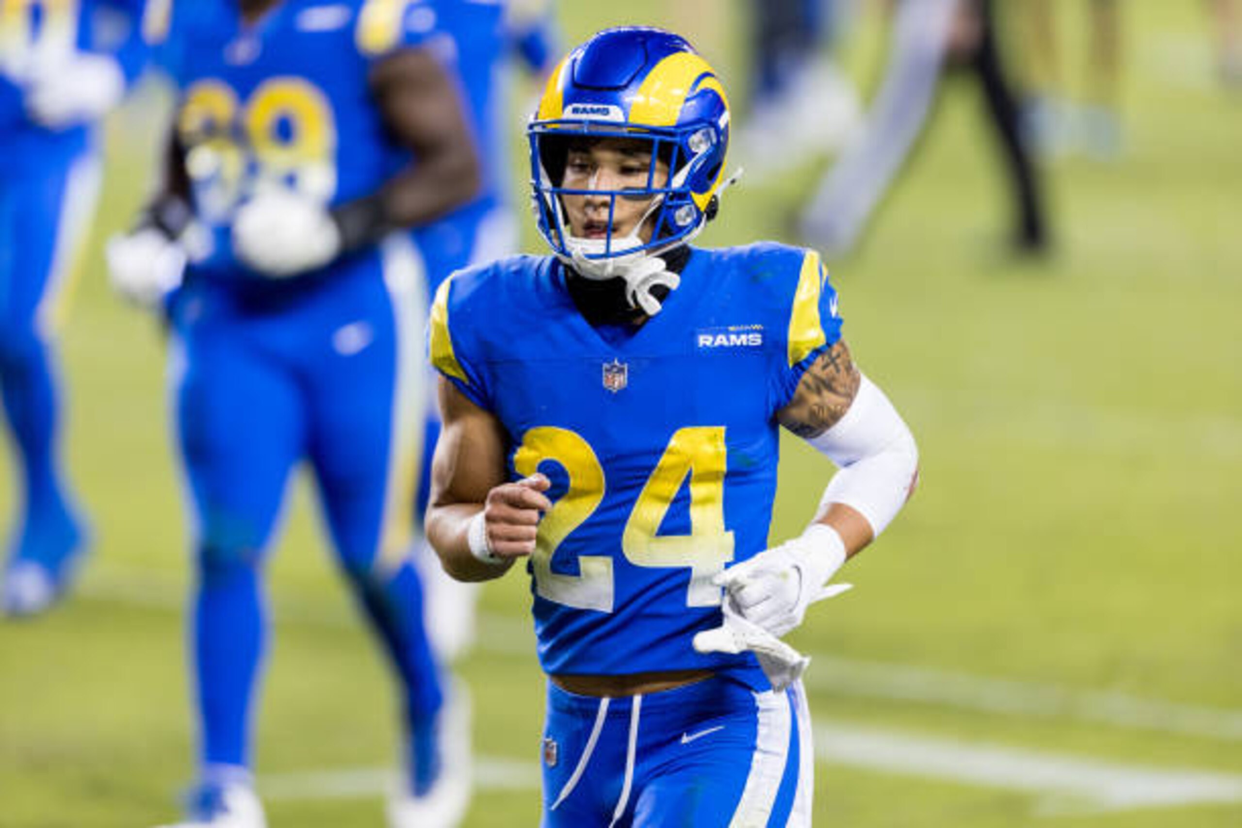SANTA CLARA, CA - OCTOBER 18: Los Angeles Rams Safety Taylor Rapp (24) runs off the field at halftime of the NFL football game between the Los Angeles Rams and San Francisco 49ers on October 18, 2020 in Santa Clara, CA. (Photo by Bob Kupbens/Icon Sportswire via Getty Images)