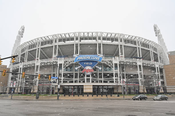 CLEVELAND, OHIO - DECEMBER 16: The Cleveland Indians logo is seen at the team's Progressive Field stadium on December 16, 2020 in Cleveland, Ohio. The Cleveland baseball team announced they will be dropping the "Indians" from the team name after the 2021 season.  (Photo by Jason Miller/Getty Images)