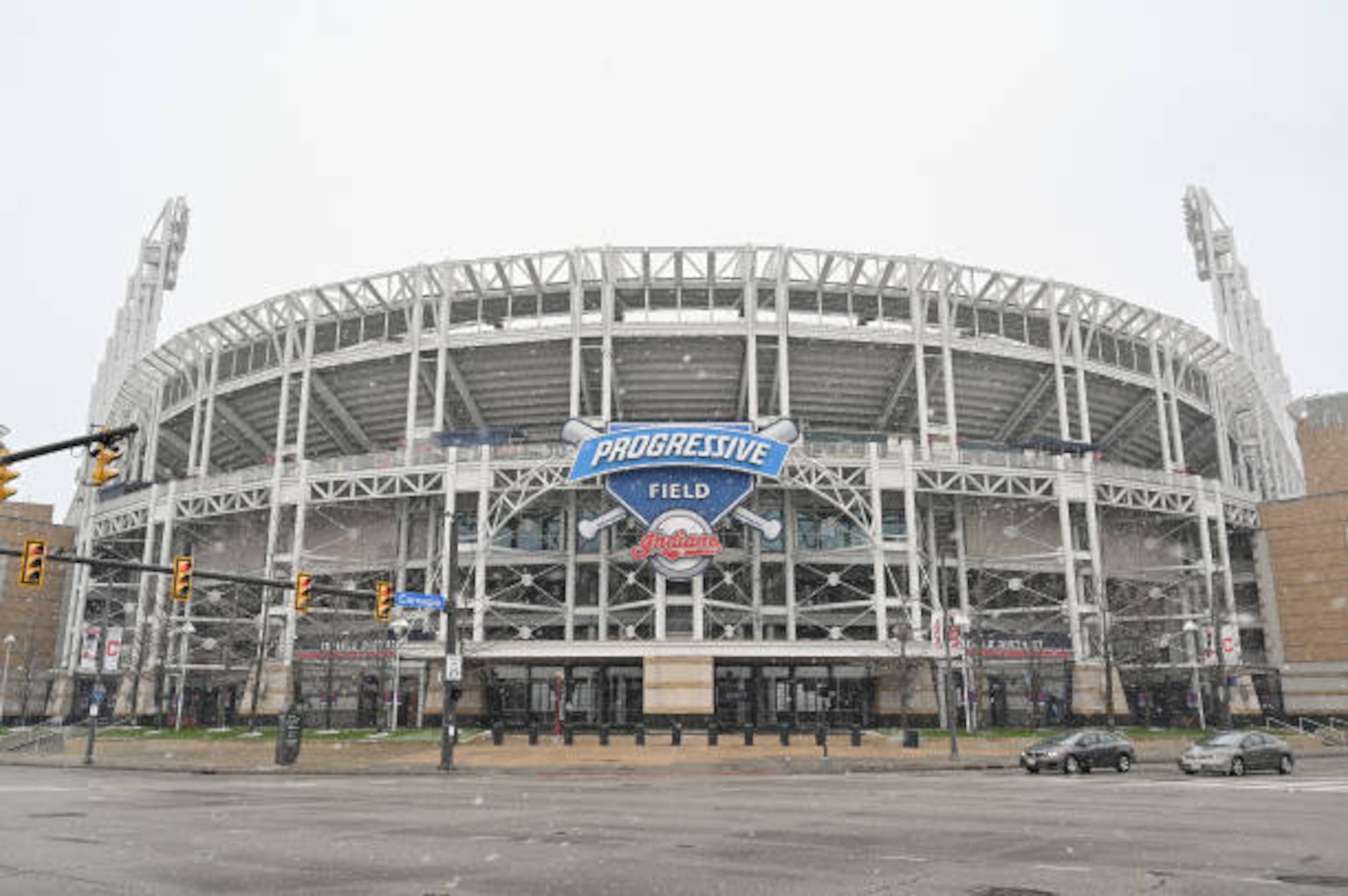 CLEVELAND, OHIO - DECEMBER 16: The Cleveland Indians logo is seen at the team's Progressive Field stadium on December 16, 2020 in Cleveland, Ohio. The Cleveland baseball team announced they will be dropping the "Indians" from the team name after the 2021 season.  (Photo by Jason Miller/Getty Images)