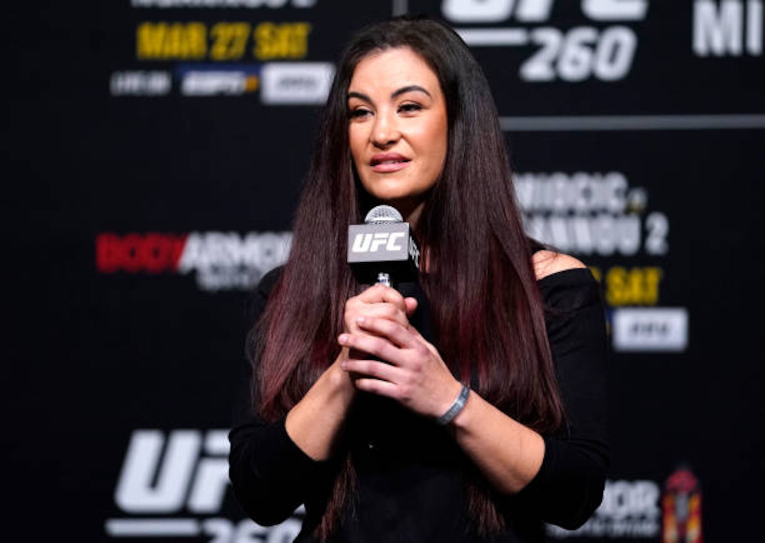 LAS VEGAS, NEVADA - MARCH 26: Former UFC bantamweight champion Miesha Tate interacts with media after the UFC 260 weigh-in at UFC APEX on March 26, 2021 in Las Vegas, Nevada. (Photo by Jeff Bottari/Zuffa LLC)