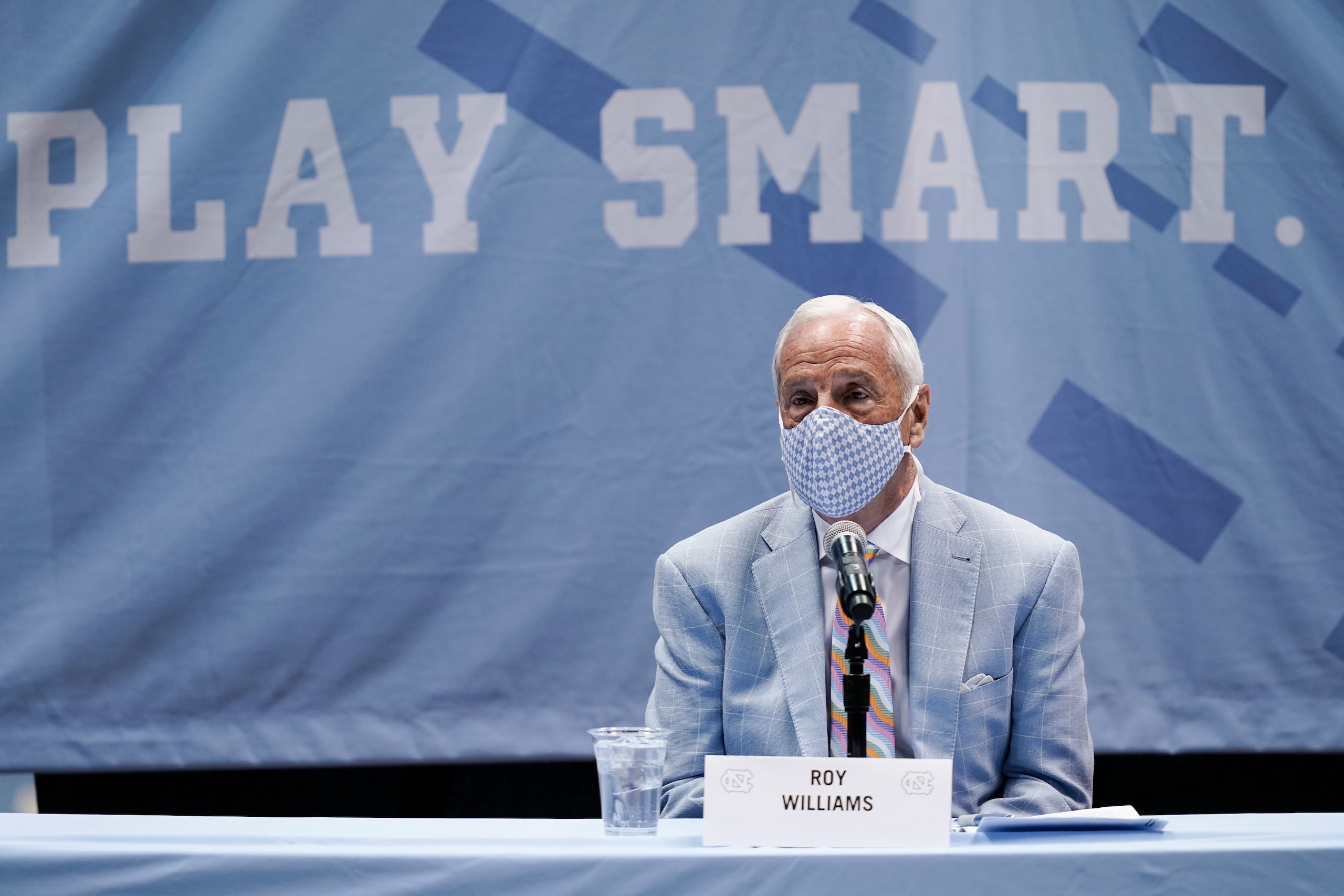North Carolina Head Basketball Coach Roy Williams speaks with members of the media during a news conference, Thursday, April 1, 2021, in Chapel Hill, N.C. Williams is retiring after 33 seasons and 903 wins as a college basketball head coach. The Hall of Fame coach led the University of North Carolina to three NCAA championships in 18 seasons as head coach of the Tar Heels. (AP Photo/Gerry Broome)