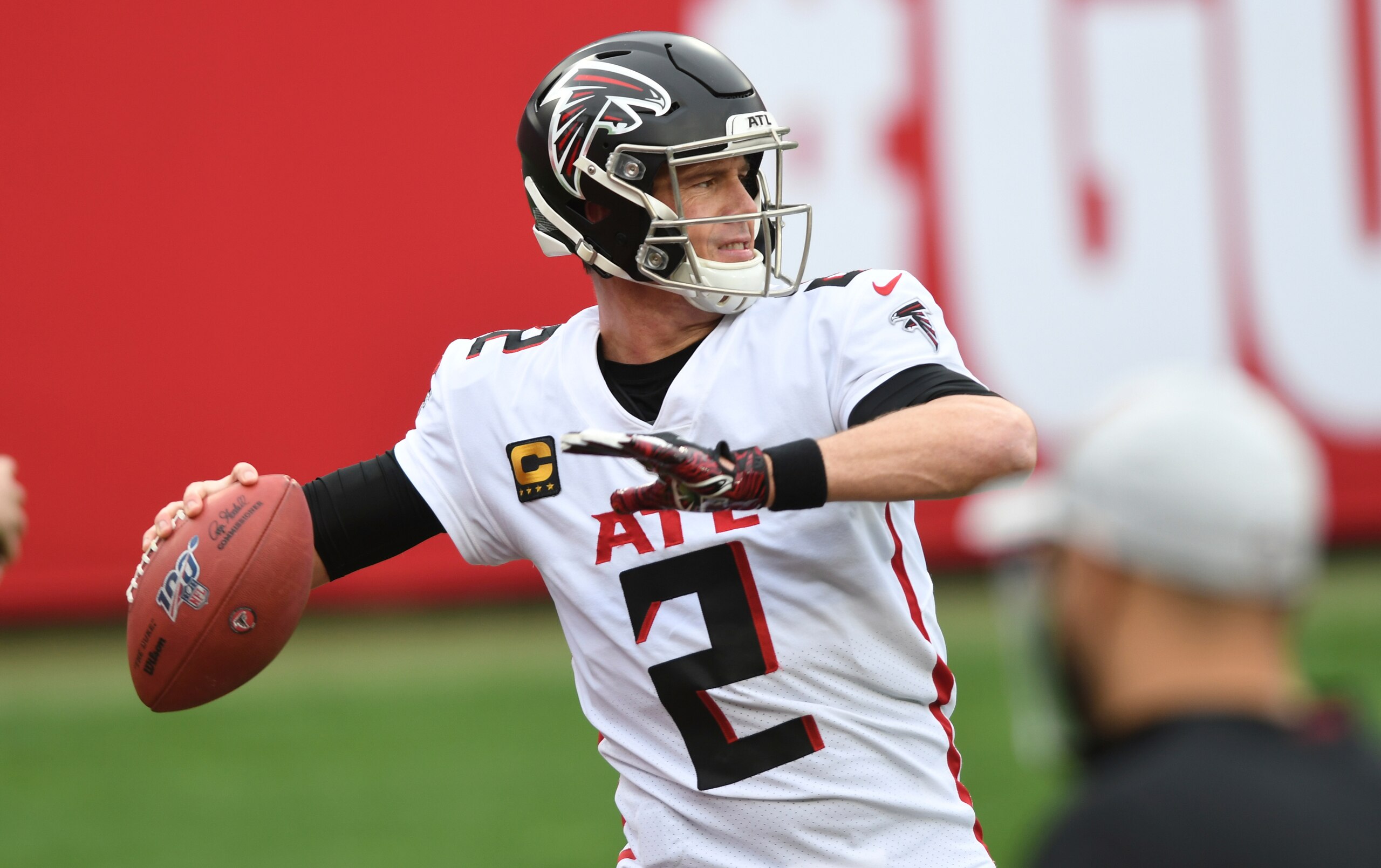 Atlanta Falcons quarterback Matt Ryan (2) before an NFL football game against the Tampa Bay Buccaneers Sunday, Jan. 3, 2021, in Tampa, Fla. (AP Photo/Jason Behnken)