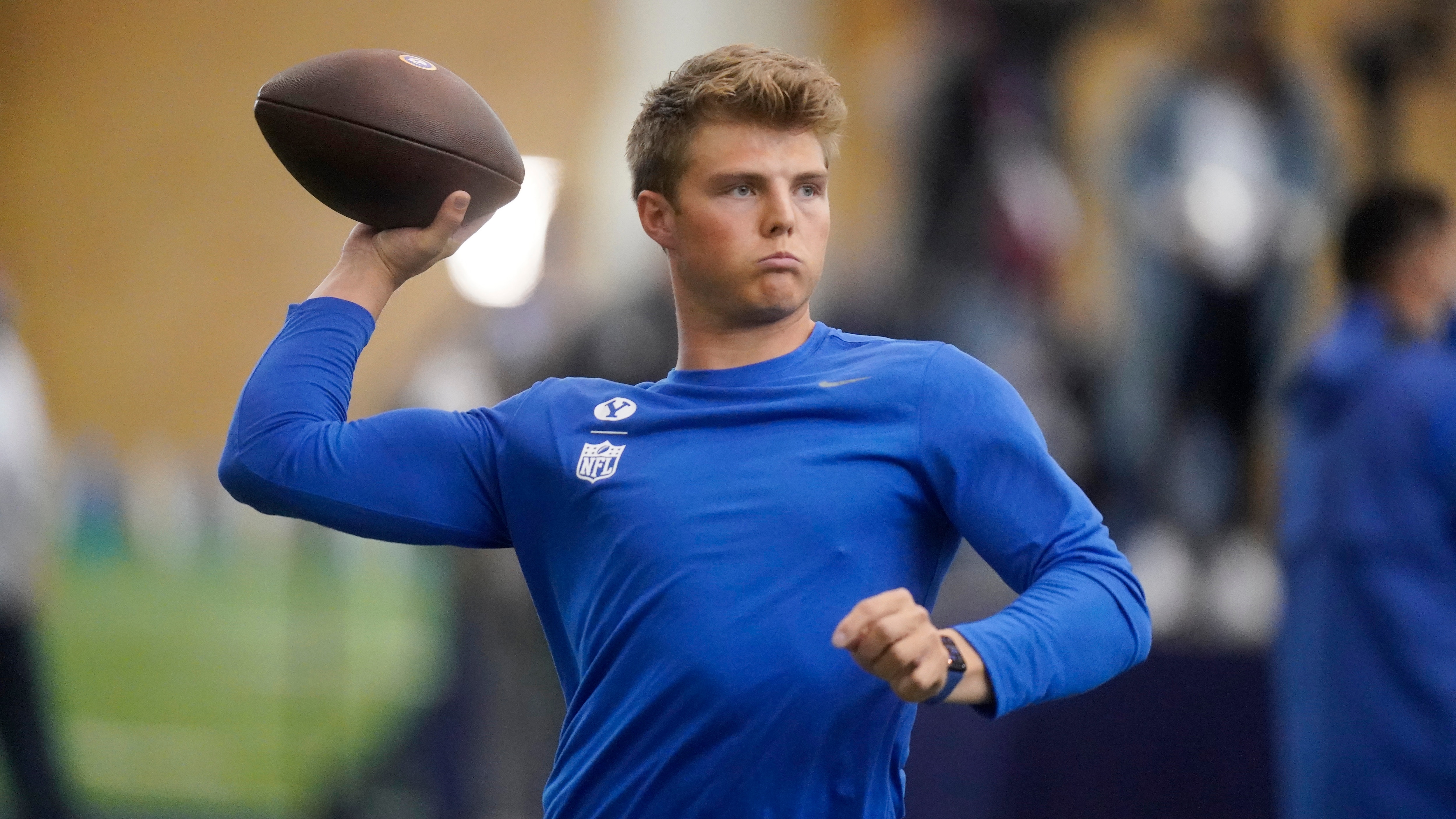 BYU quarterback Zach Wilson warms up before participating in the school's Pro Day football workout for NFL scouts Friday, March 26, 2021, in Provo, Utah. (AP Photo/Rick Bowmer)