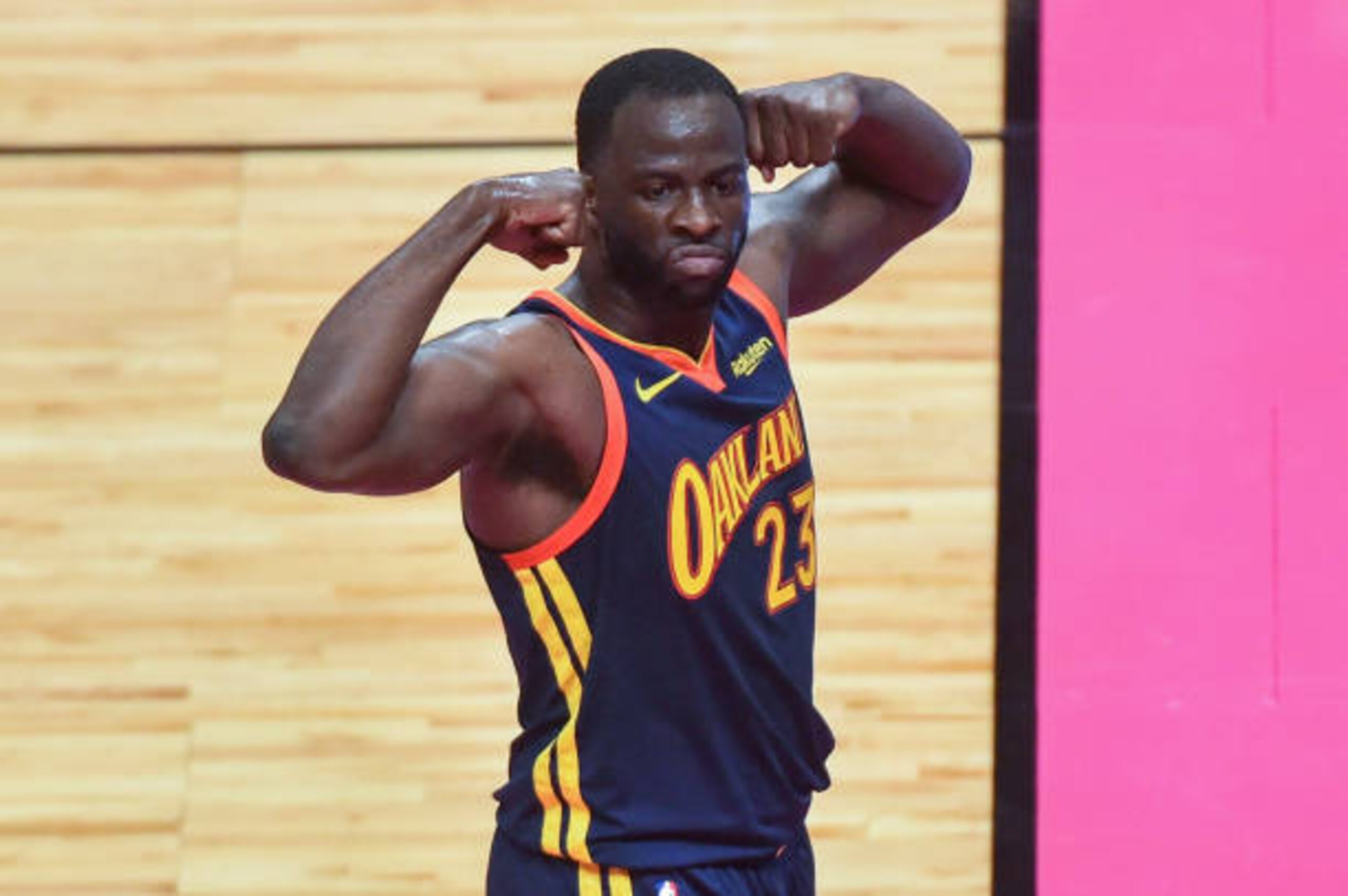 MIAMI, FL - APRIL 01: Draymond Green #23 of the Golden State Warriors reacts after scoring a basket in the first half against the Miami Heat at American Airlines Arena on April 1, 2021 in Miami, Florida. NOTE TO USER: User expressly acknowledges and agrees that,  by downloading and or using this photograph,  User is consenting to the terms and conditions of the Getty Images License Agreement.(Photo by Eric Espada/Getty Images)