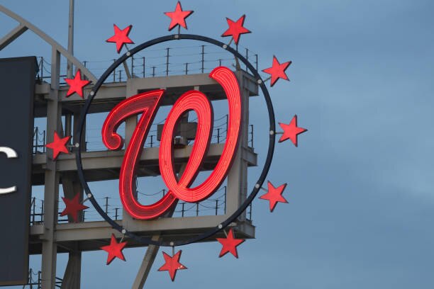 WASHINGTON, DC - SEPTEMBER 27:  The Washington Nationals logo on the scoreboard after a baseball game against the New York Mets at Nationals Park on September 27, 2020 in Washington, DC.  (Photo by Mitchell Layton/Getty Images)