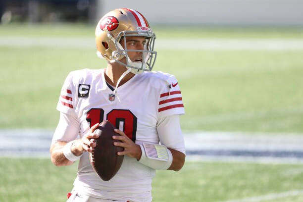 SEATTLE, WASHINGTON - NOVEMBER 01: Quarterback Jimmy Garoppolo #10 of the San Francisco 49ers looks to pass during warmups before playing the Seattle Seahawks at CenturyLink Field on November 01, 2020 in Seattle, Washington. (Photo by Abbie Parr/Getty Images)