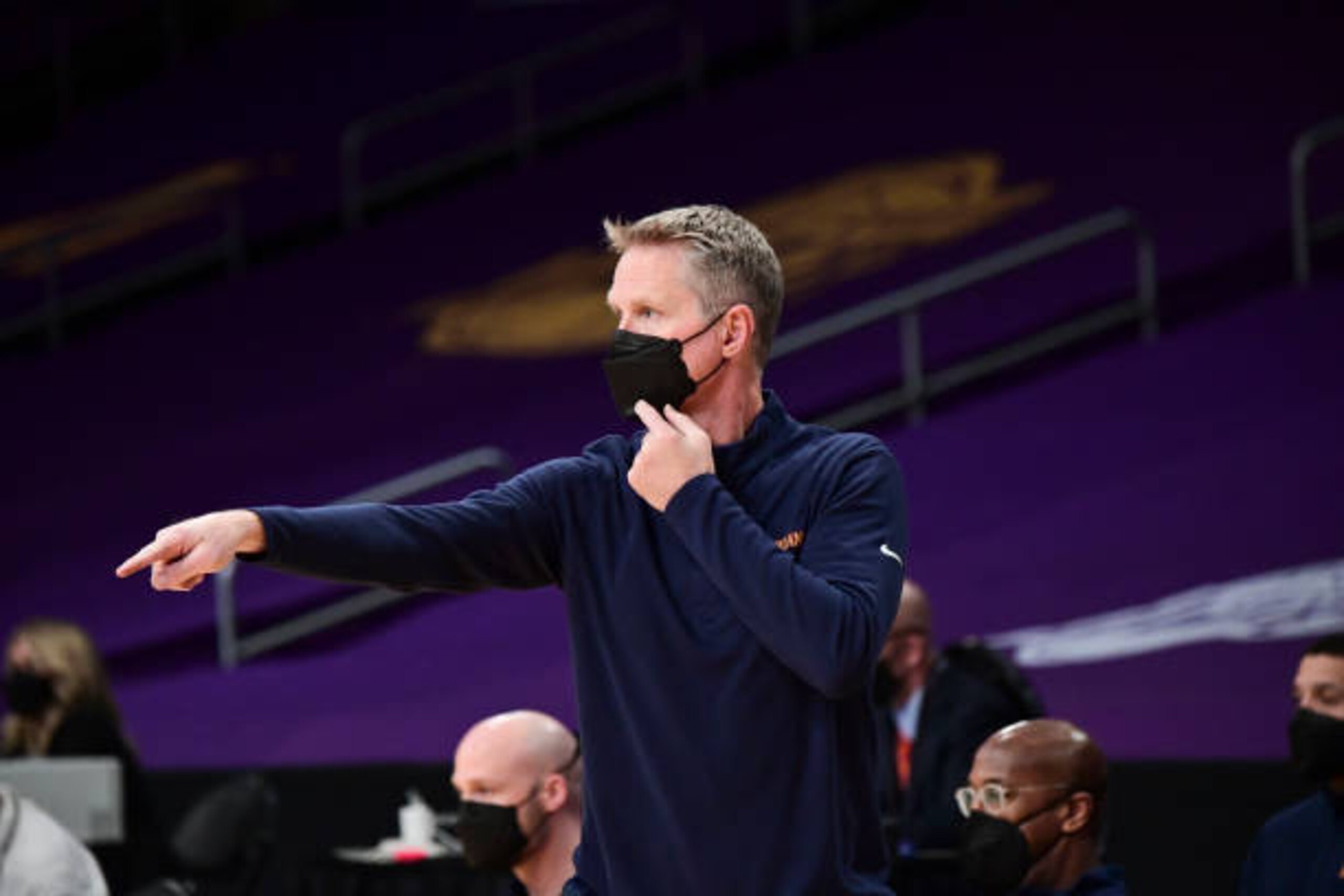 LOS ANGELES, CA - FEBRUARY 28: Head Coach Steve Kerr of the Golden State Warriors looks on during the game against the Los Angeles Lakers on February 28, 2021 at STAPLES Center in Los Angeles, California. NOTE TO USER: User expressly acknowledges and agrees that, by downloading and/or using this Photograph, user is consenting to the terms and conditions of the Getty Images License Agreement. Mandatory Copyright Notice: Copyright 2021 NBAE (Photo by Adam Pantozzi/NBAE via Getty Images)