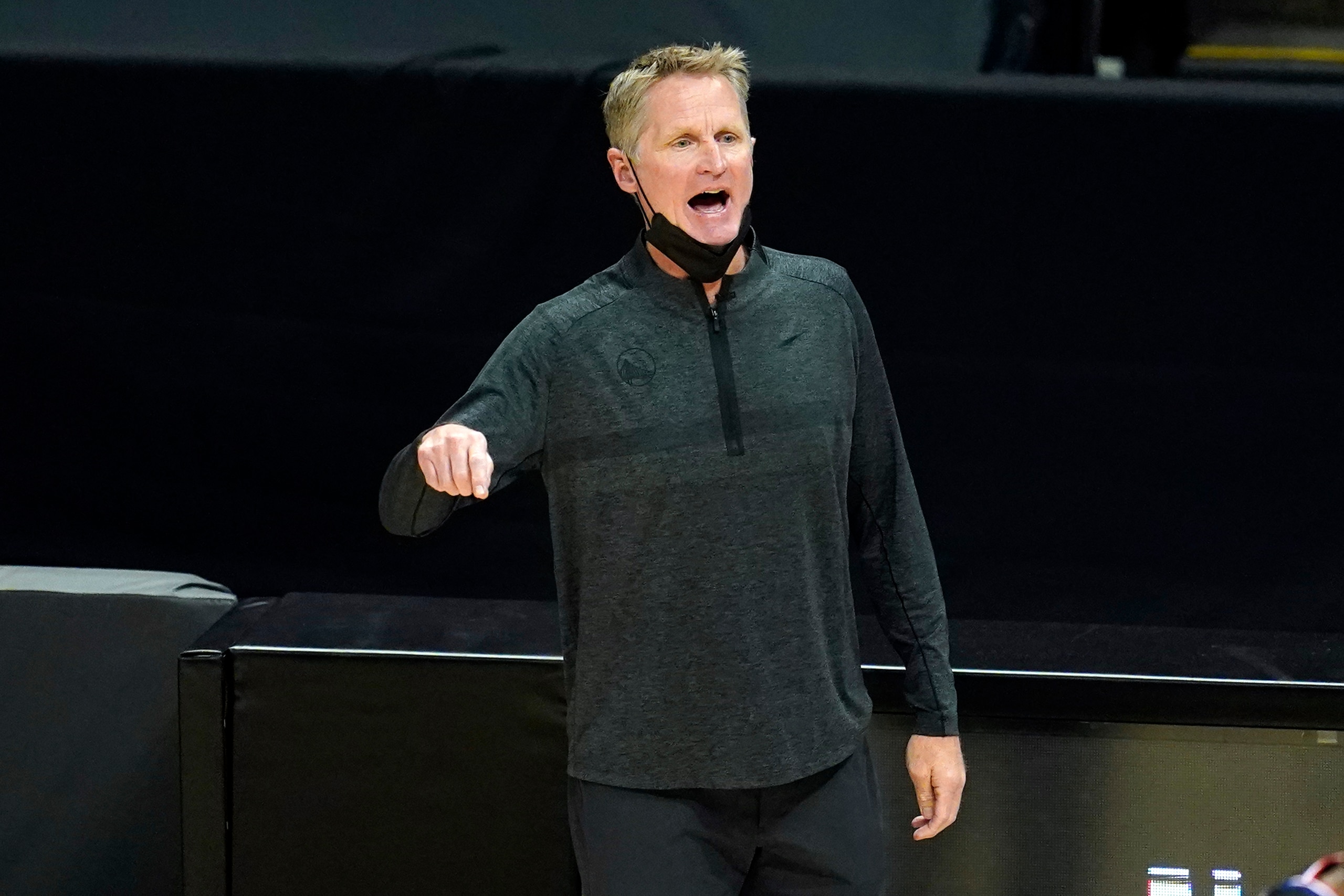 Golden State Warriors head coach Steve Kerr yells out instructions during the first half of an NBA basketball game against the Los Angeles Clippers Thursday, March 11, 2021, in Los Angeles. (AP Photo/Marcio Jose Sanchez) Golden State Warriors head coach Steve Kerr yells out instructions during the first half of an NBA basketball game against the Los Angeles Clippers Thursday, March 11, 2021, in Los Angeles. (AP Photo/Marcio Jose Sanchez)