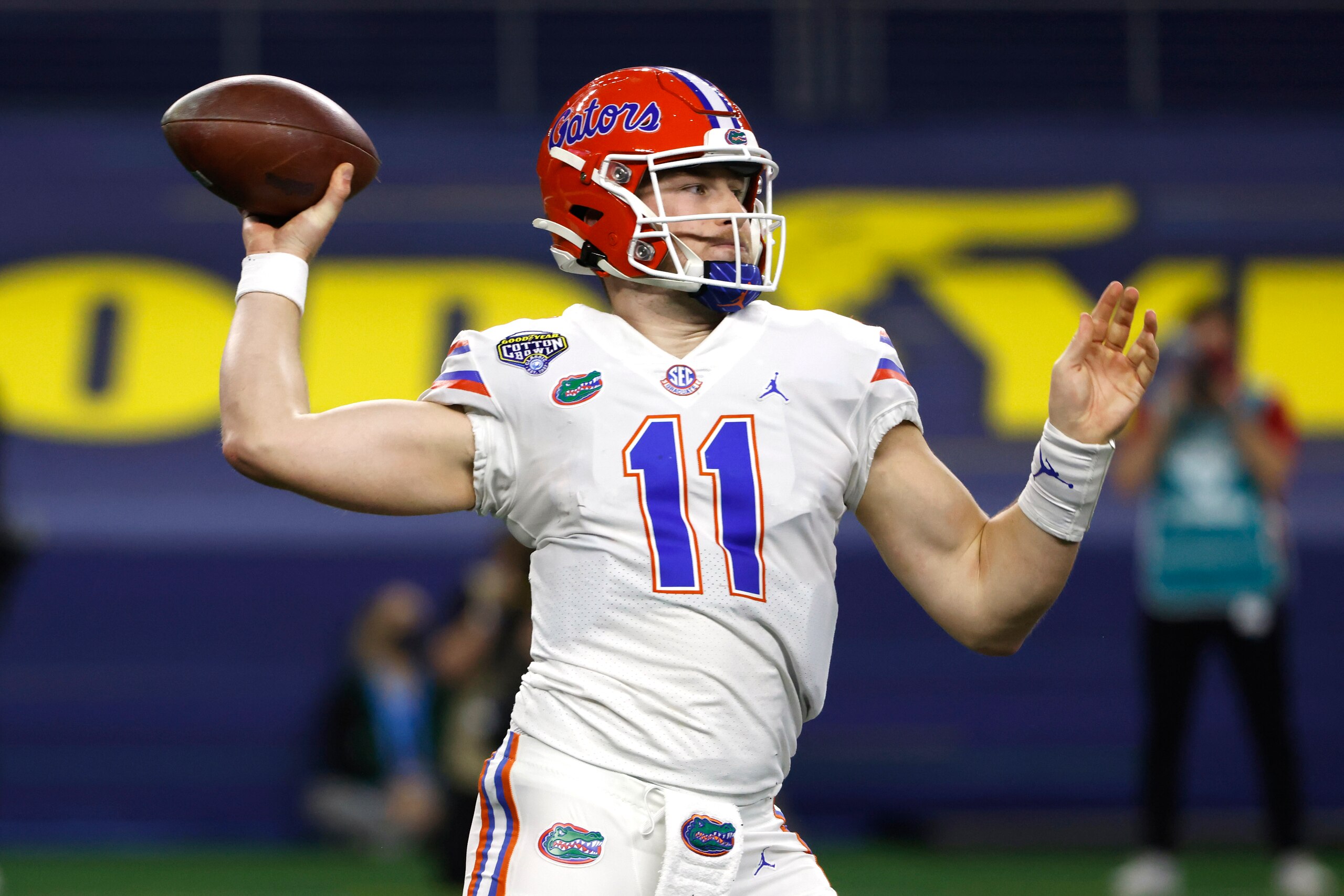 Florida quarterback Kyle Trask (11) throws against Oklahoma during the NCAA Cotton Bowl college football game Wednesday, Dec.30, 2020, in Arlington, Texas. (AP Photo/Ron Jenkins)