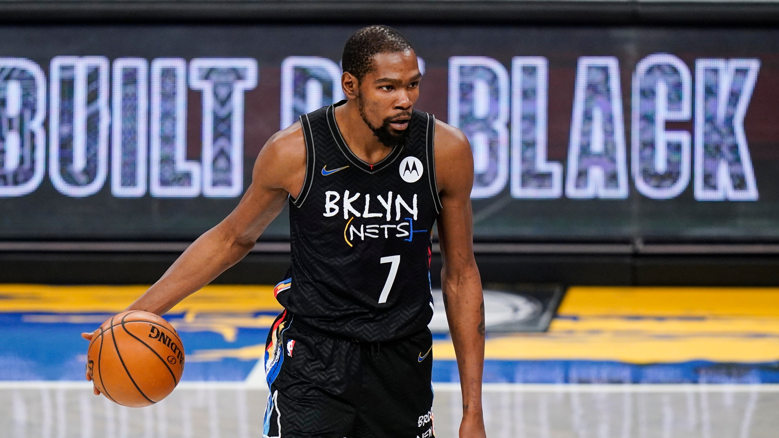 Brooklyn Nets' Kevin Durant (7) during the second half of an NBA basketball game against the Toronto Raptors Friday, Feb. 5, 2021, in New York. (AP Photo/Frank Franklin II)