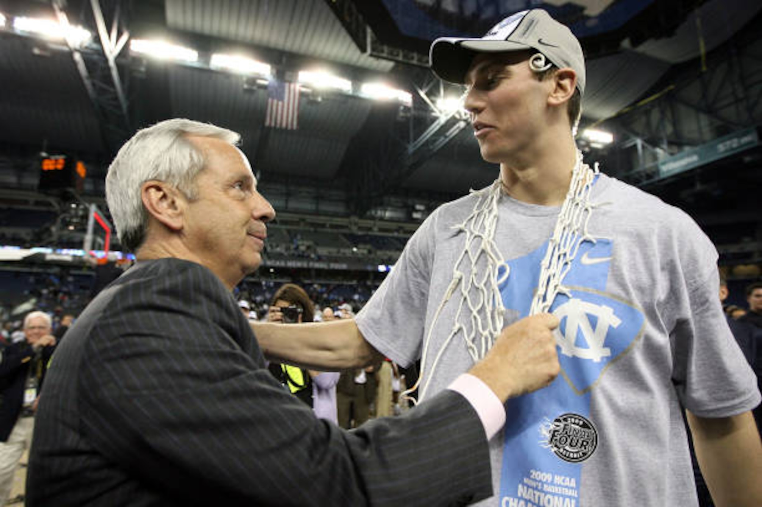 DETROIT - APRIL 06:  (L-R) Head coach Roy Williams and Tyler Hansbrough #50 of the North Carolina Tar Heels celebrate after they won 89-72 against the Michigan State Spartans during the 2009 NCAA Division I Men's Basketball National Championship game at Ford Field on April 6, 2009 in Detroit, Michigan.  (Photo by Andy Lyons/Getty Images)