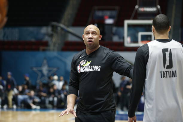 CHARLOTTE, NC - FEBRUARY 15: Darvin Ham, Head Coach of the U.S Team looks on during the 2019 NBA All-Star Rising Stars Practice and Media Availability on February 15, 2019 at Bojangles Coliseum in Charlotte, North Carolina. NOTE TO USER: User expressly acknowledges and agrees that, by downloading and or using this photograph, User is consenting to the terms and conditions of the Getty Images License Agreement. Mandatory Copyright Notice: Copyright 2019 NBAE (Photo by Michelle Farsi/NBAE via Getty Images)