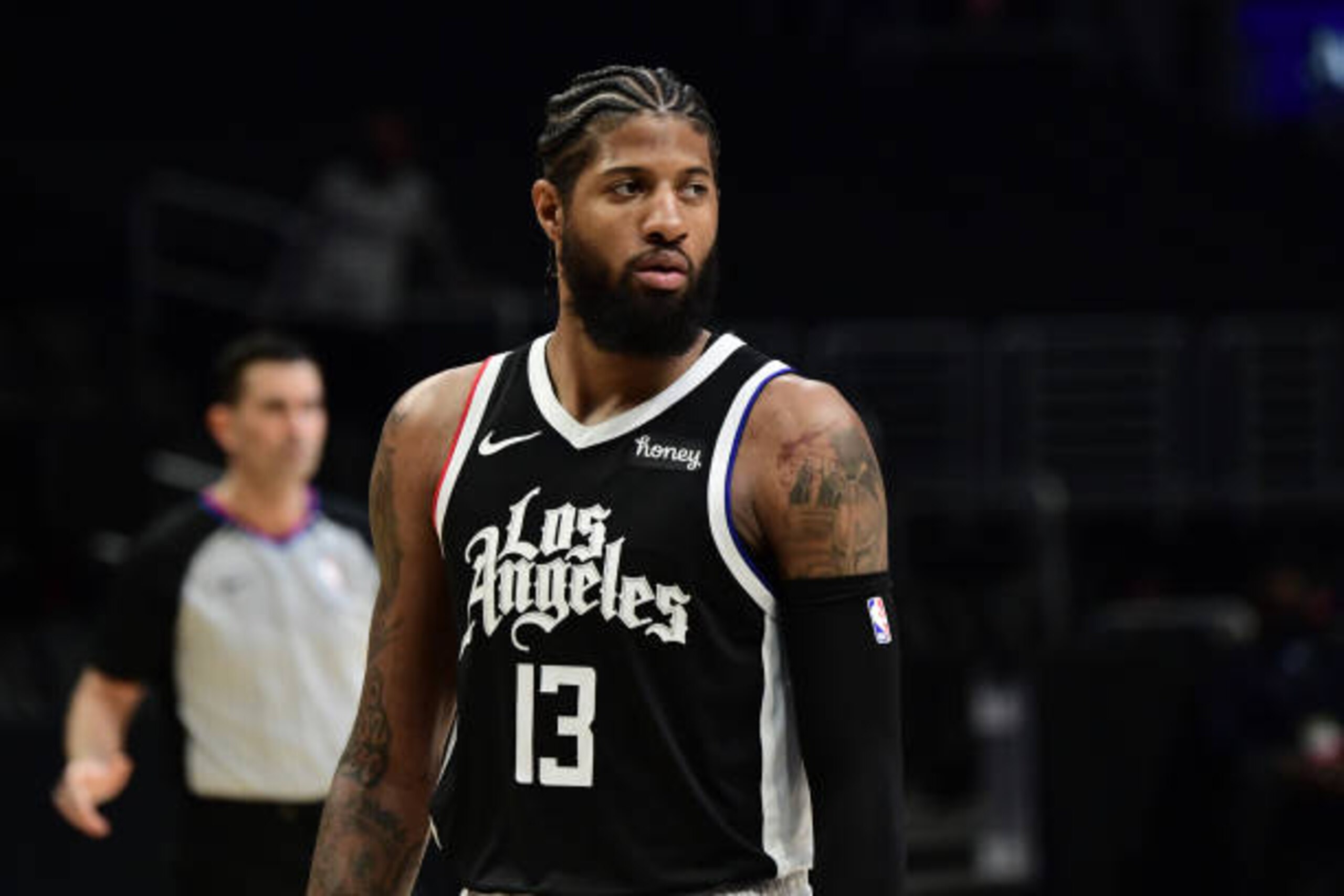 LOS ANGELES, CA - APRIL 4: Paul George #13 of the LA Clippers looks on during the game against the Los Angeles Lakers on April 4, 2021 at STAPLES Center in Los Angeles, California. NOTE TO USER: User expressly acknowledges and agrees that, by downloading and/or using this Photograph, user is consenting to the terms and conditions of the Getty Images License Agreement. Mandatory Copyright Notice: Copyright 2021 NBAE (Photo by Adam Pantozzi/NBAE via Getty Images)