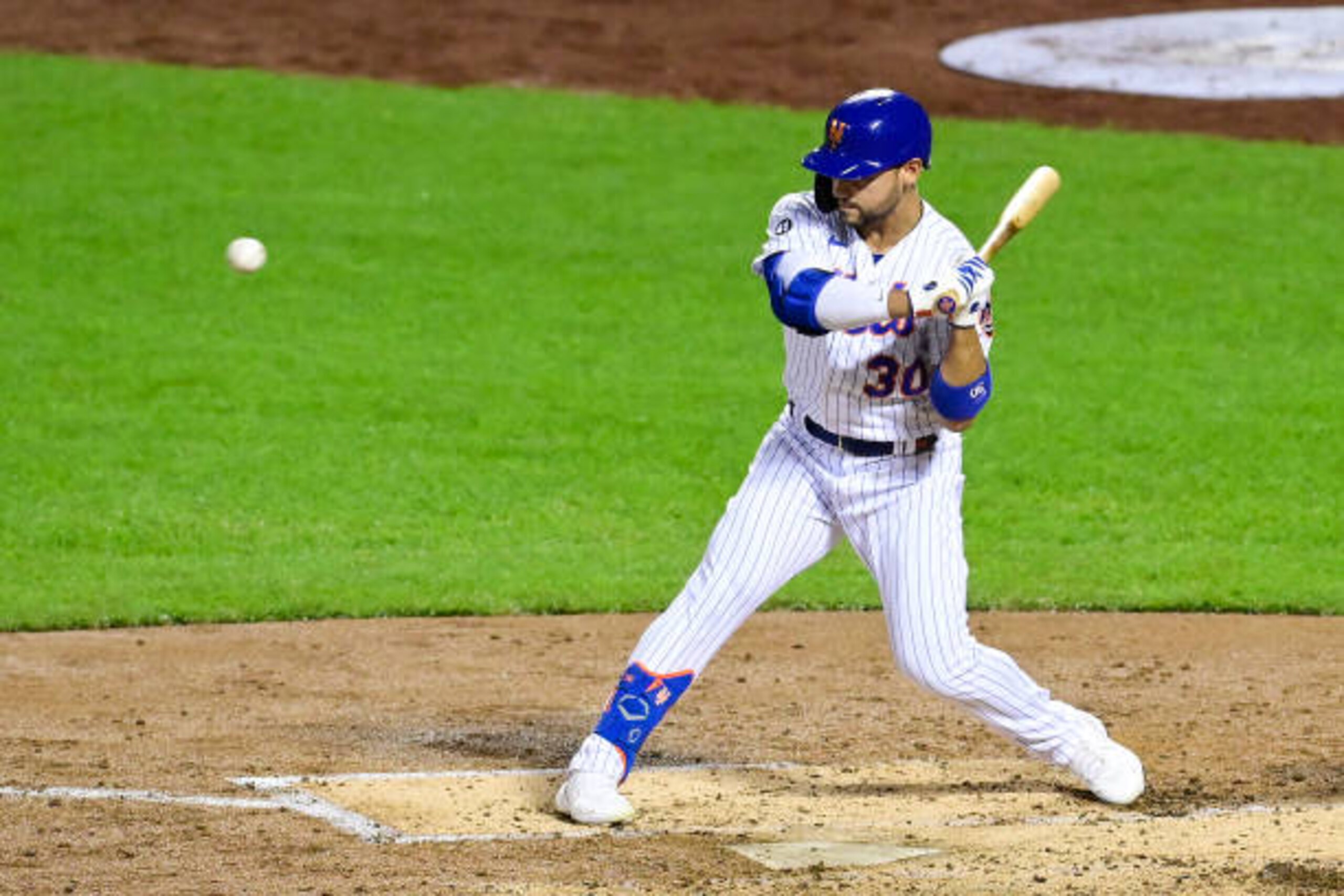 NEW YORK, NEW YORK - SEPTEMBER 08:  Michael Conforto #30 of the New York Mets at bat against the Baltimore Orioles at Citi Field on September 08, 2020 in New York City. (Photo by Steven Ryan/Getty Images)