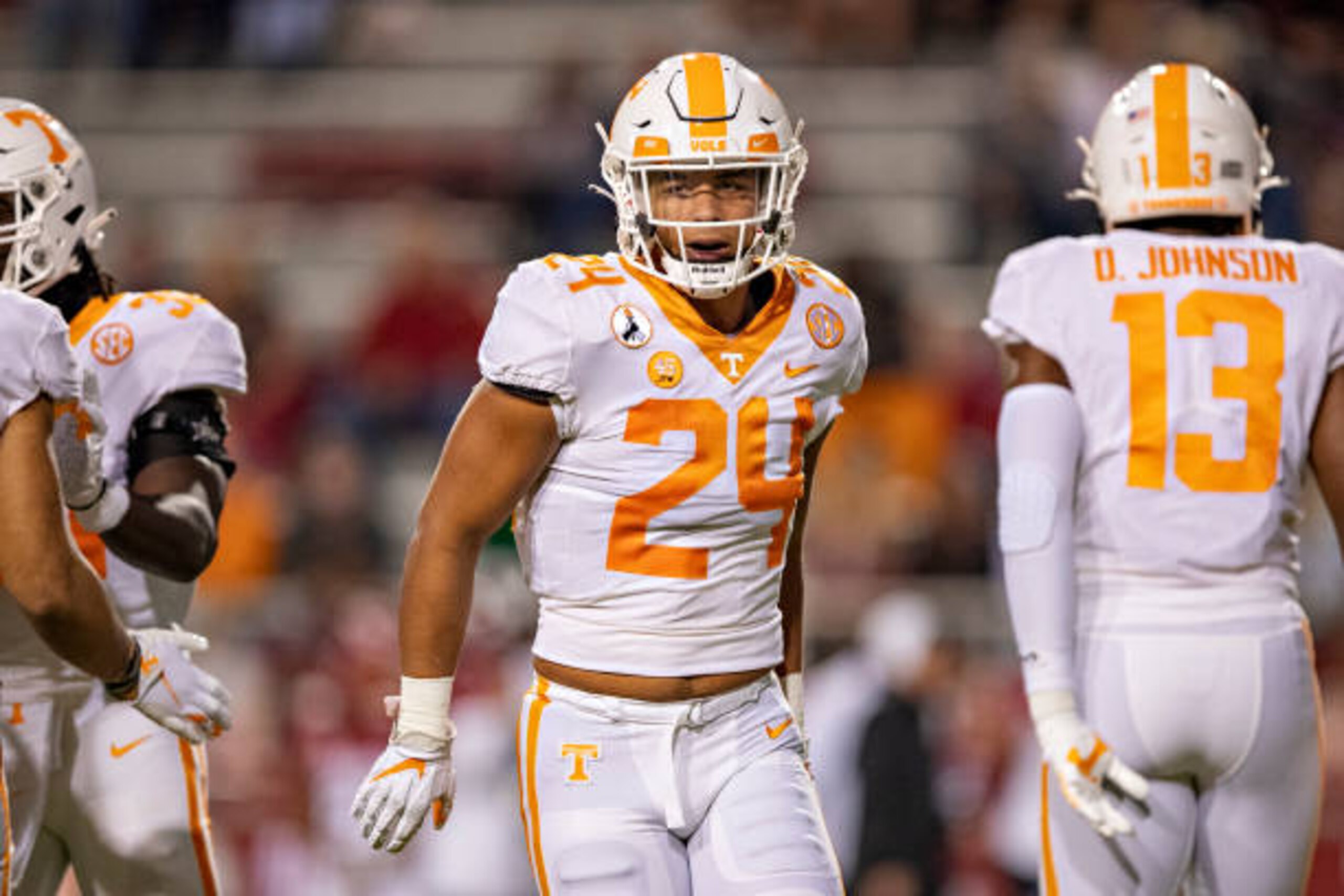 FAYETTEVILLE, AR - NOVEMBER 7:  Aaron Beasley #24 of the Tennessee Volunteers looks over to the sidelines during a game against the Arkansas Razorbacks at Razorback Stadium on November 7, 2020 in Fayetteville, Arkansas.  The Razorbacks defeated the Volunteers 24-13.  (Photo by Wesley Hitt/Getty Images)