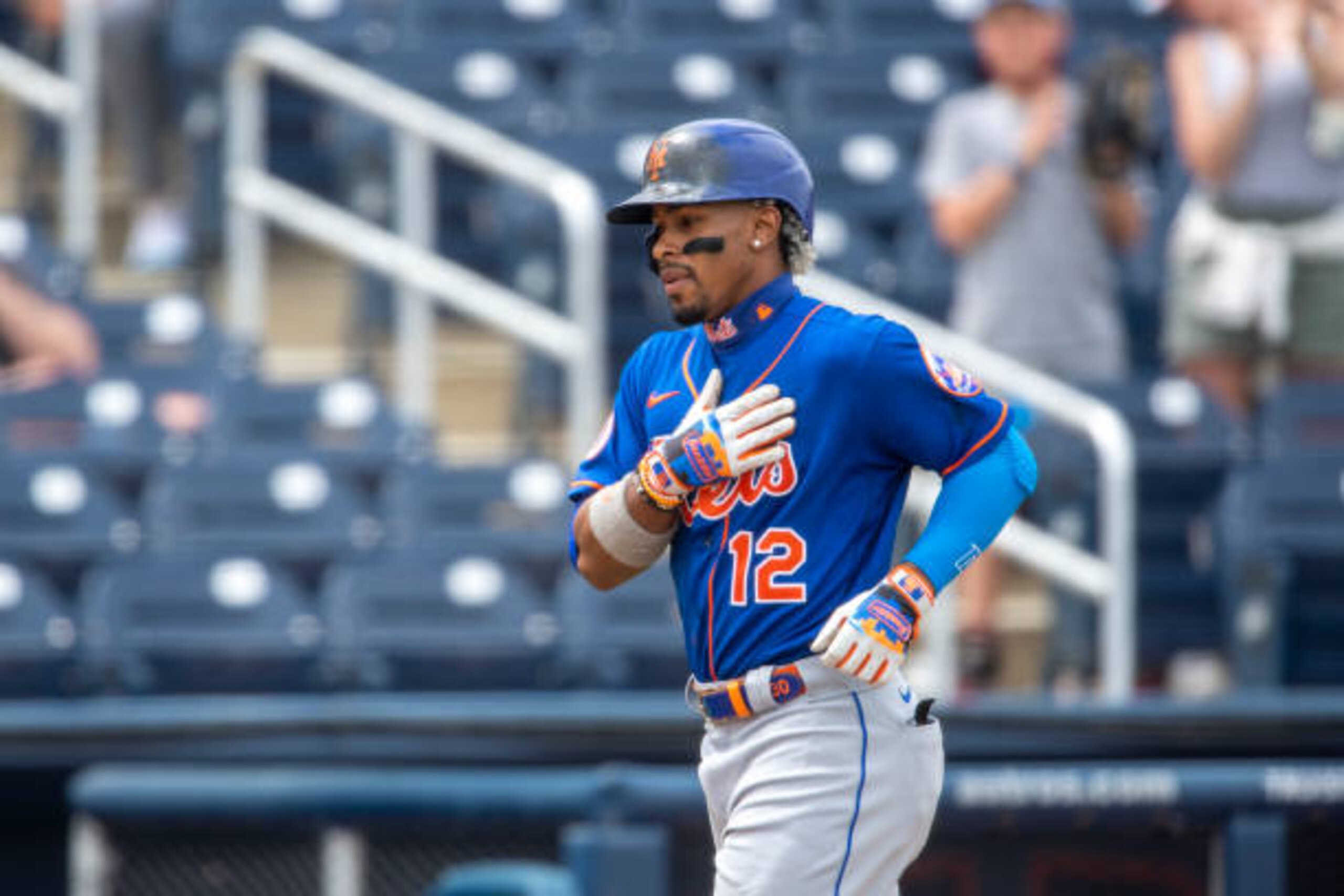 WEST PALM BEACH, FL - MARCH 21: New York Mets infielder Francisco Lindor (12) gestures as he celebrates hitting a home run, batting in New York Mets outfielder Brandon Nimmo (not shown) during an MLB spring training game between the New York Mets and the Washington Nationals at The Ballpark of The Palm Beaches on March 21, 2021 in West Palm Beach, Florida. (Photo by Doug Murray/Icon Sportswire via Getty Images) WEST PALM BEACH, FL - MARCH 21: New York Mets infielder Francisco Lindor (12) gestures as he celebrates hitting a home run, batting in New York Mets outfielder Brandon Nimmo (not shown) during an MLB spring training game between the New York Mets and the Washington Nationals at The Ballpark of The Palm Beaches on March 21, 2021 in West Palm Beach, Florida. (Photo by Doug Murray/Icon Sportswire via Getty Images)