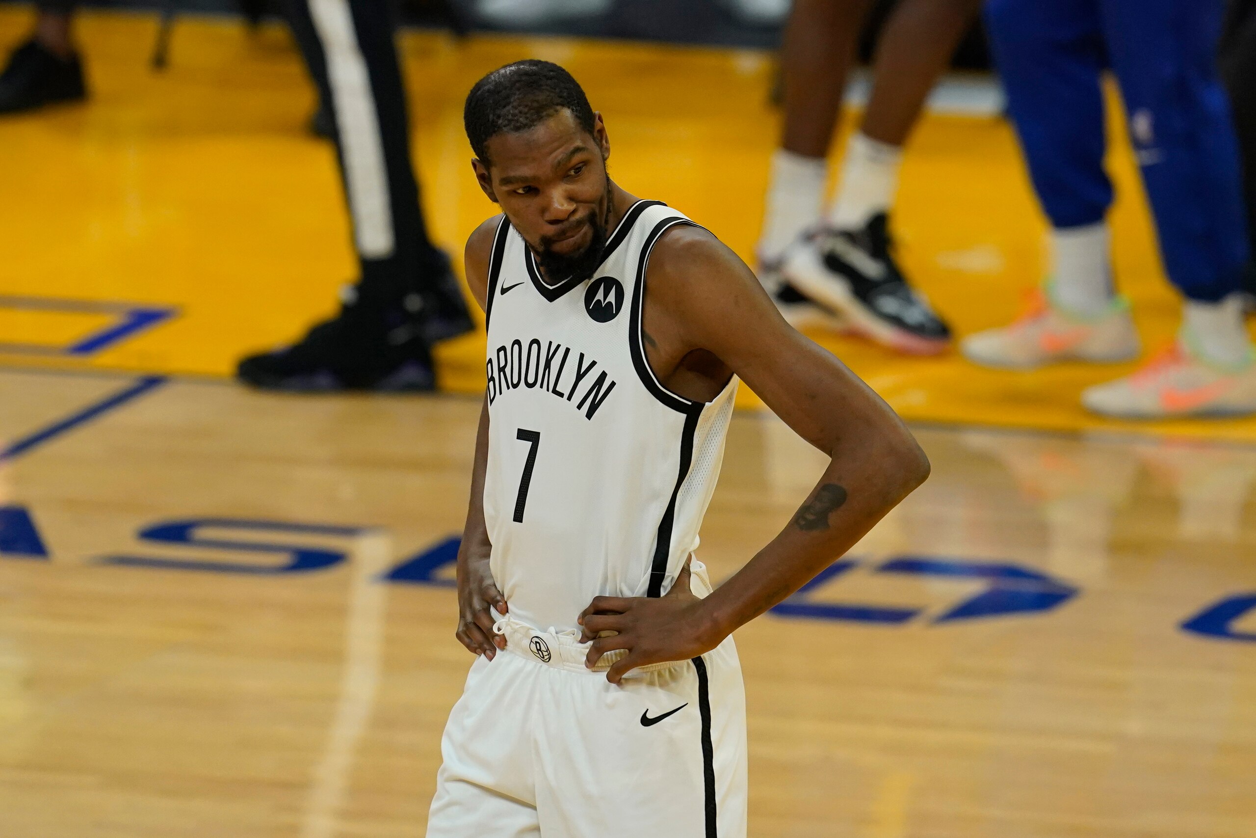 Brooklyn Nets forward Kevin Durant before an NBA basketball game against the Golden State Warriors in San Francisco, Saturday, Feb. 13, 2021. (AP Photo/Jeff Chiu) Brooklyn Nets forward Kevin Durant before an NBA basketball game against the Golden State Warriors in San Francisco, Saturday, Feb. 13, 2021. (AP Photo/Jeff Chiu)