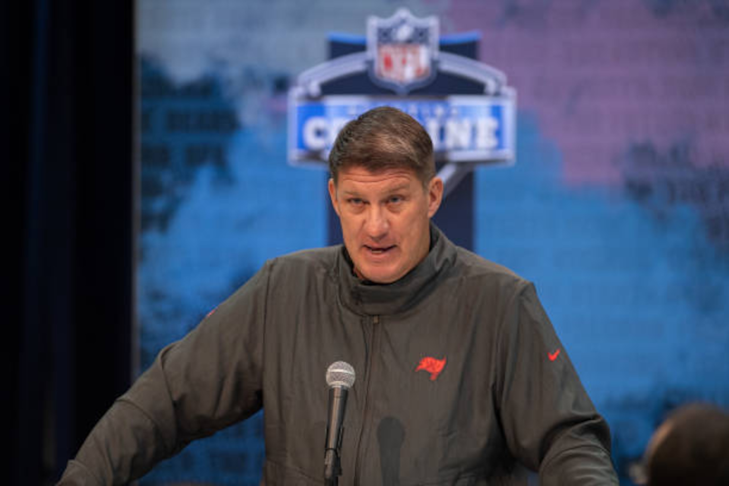 INDIANAPOLIS, IN - FEBRUARY 27: Tampa Bay Buccaneers general manager Jason Licht answers questions during the NFL Scouting Combine on February 27, 2019 at the Indiana Convention Center in Indianapolis, IN. (Photo by Zach Bolinger/Icon Sportswire via Getty Images)