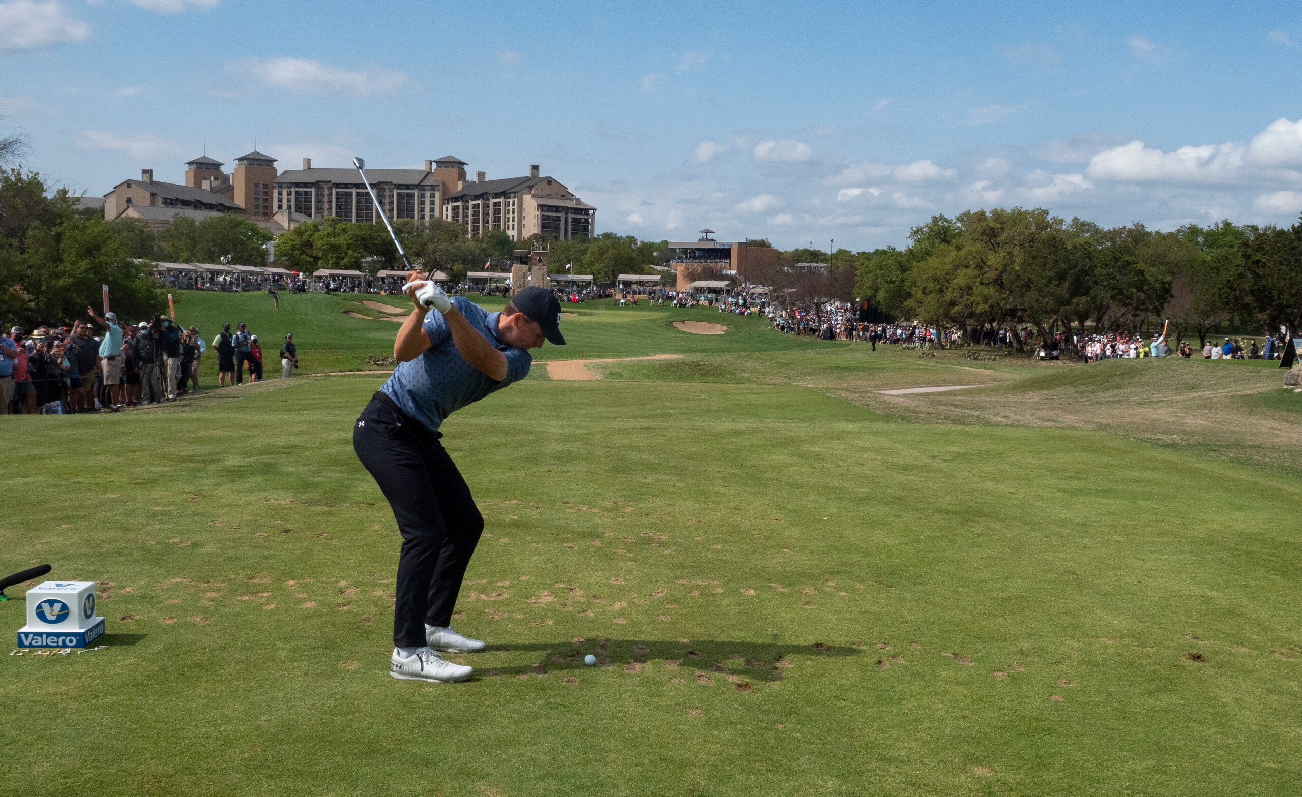 Jordan Spieth tees off at the 18th hole during the final round of the Valero Texas Open golf tournament in San Antonio, Sunday, April 4, 2021. (AP Photo/Michael Thomas)