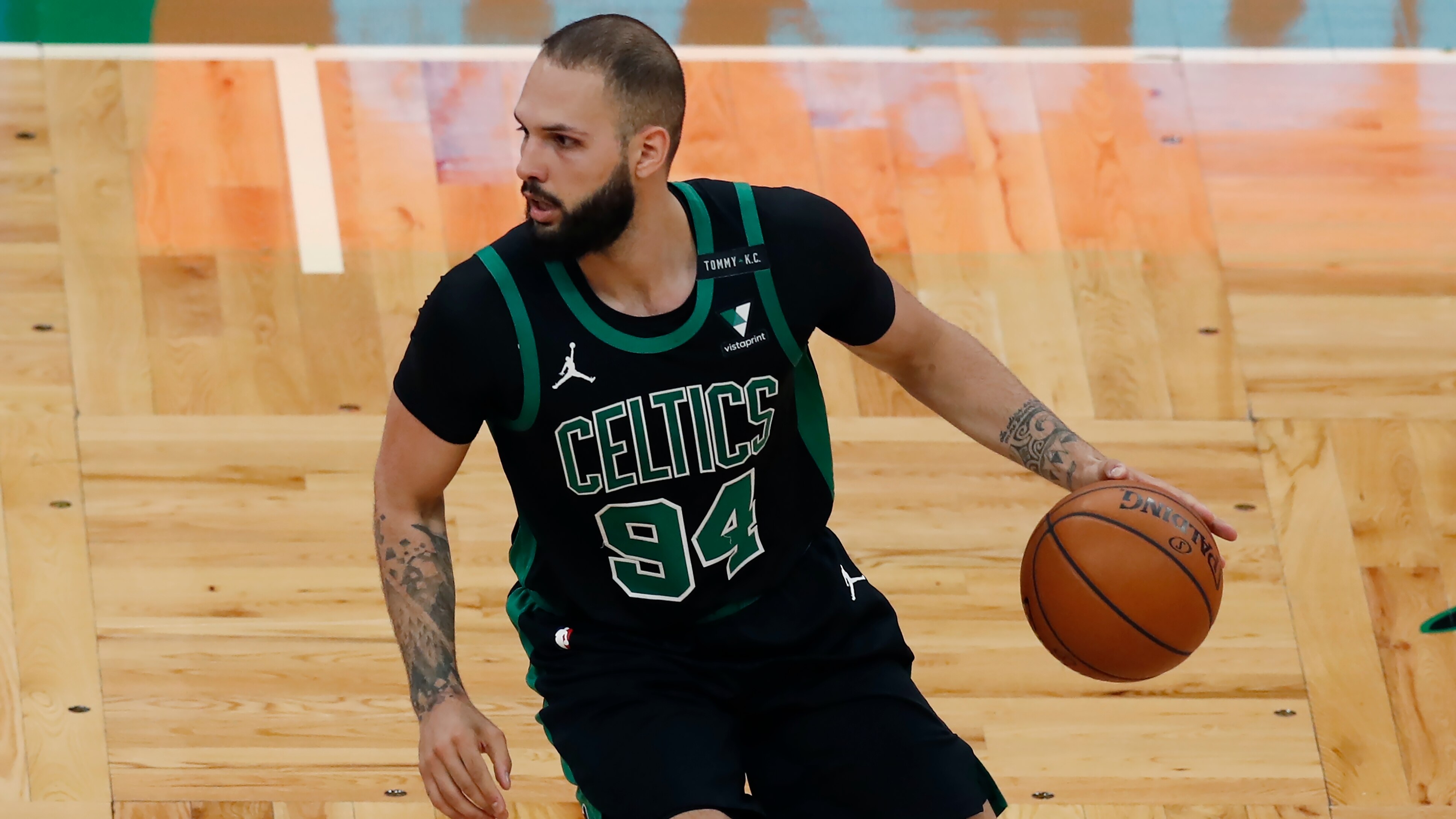 Boston Celtics' Evan Fournier plays against the Charlotte Hornets during the first half of an NBA basketball game, Sunday, April 4, 2021, in Boston. (AP Photo/Michael Dwyer)
