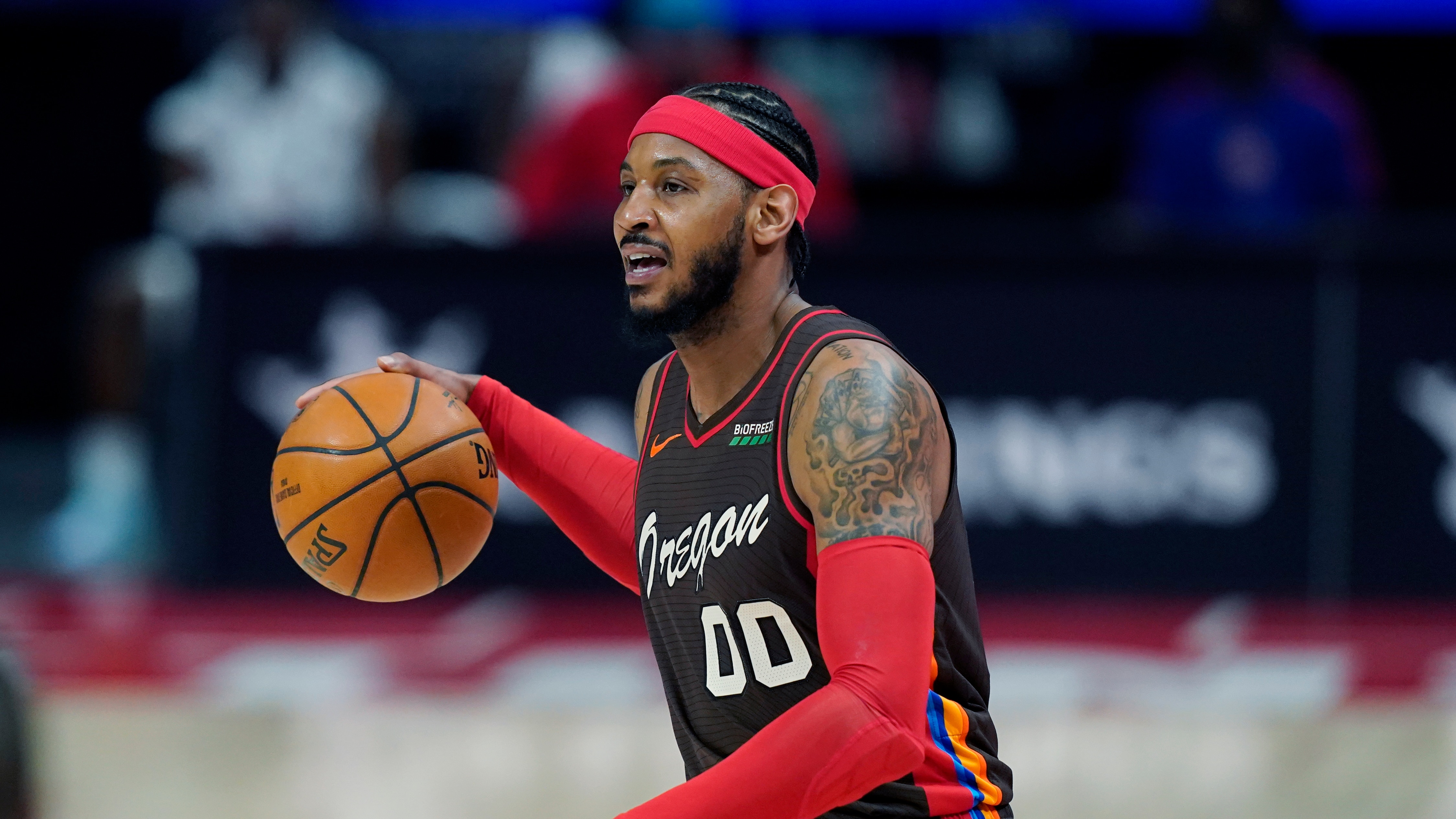 Portland Trail Blazers forward Carmelo Anthony plays during the second half of an NBA basketball game, Wednesday, March 31, 2021, in Detroit. (AP Photo/Carlos Osorio)