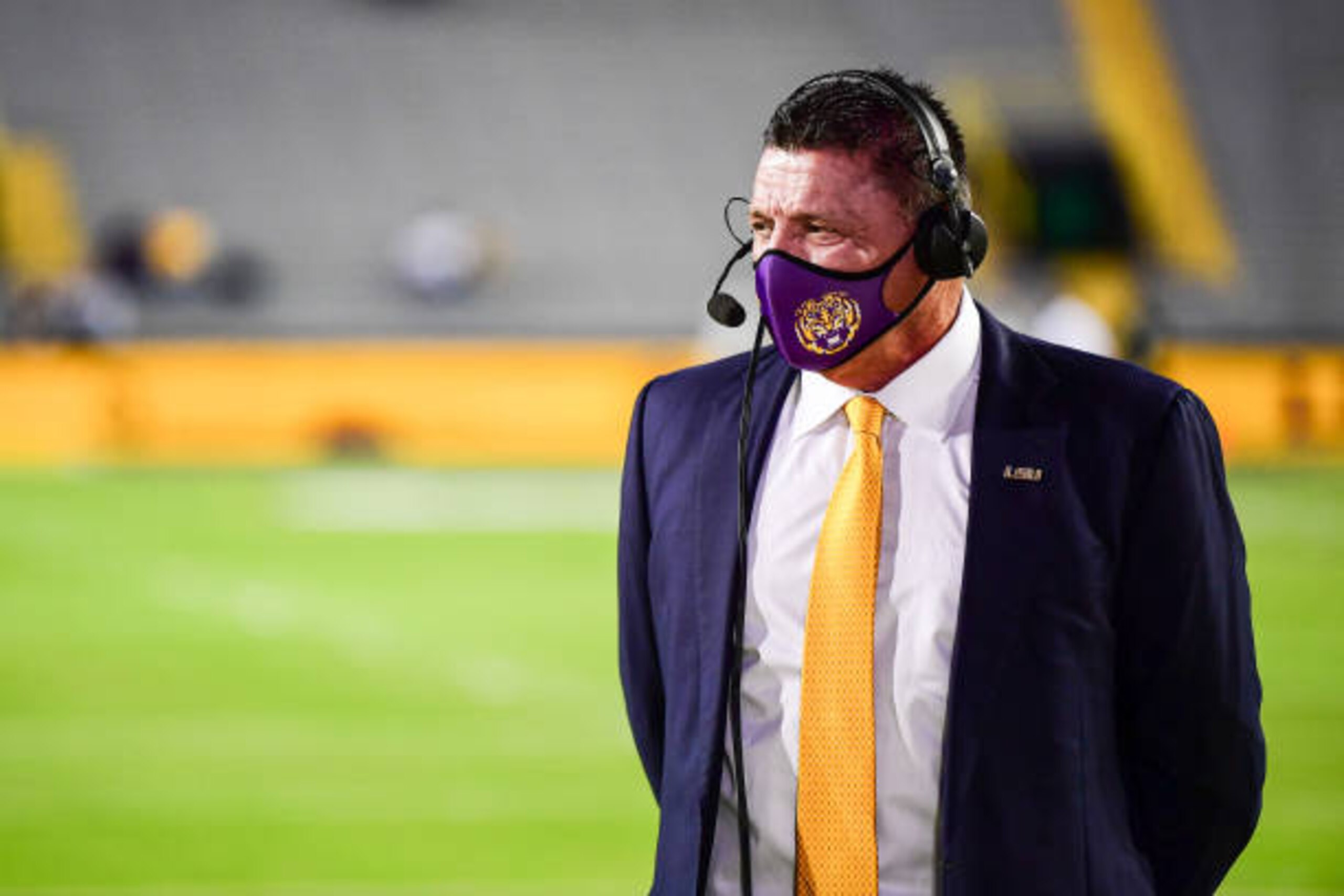 BATON ROUGE, LA - DECEMBER 5: Head coach Ed Orgeron of the LSU Tigers looks on before the game against the Alabama Crimson Tide at Tiger Stadium on December 5, 2020 in Baton Rouge, Louisiana. (Photo by Chris Parent/Collegiate Images/Getty Images)