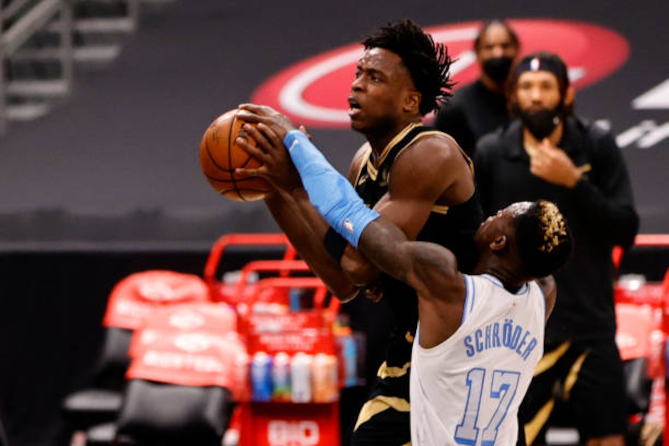 TAMPA, FLORIDA - APRIL 06: OG Anunoby #3 of the Toronto Raptors is fouled by Dennis Schroder #17 of the Los Angeles Lakers during the first quarter at Amalie Arena on April 06, 2021 in Tampa, Florida.NOTE TO USER: User expressly acknowledges and agrees that, by downloading and or using this photograph, User is consenting to the terms and conditions of the Getty Images License Agreement. (Photo by Douglas P. DeFelice/Getty Images) TAMPA, FLORIDA - APRIL 06: OG Anunoby #3 of the Toronto Raptors is fouled by Dennis Schroder #17 of the Los Angeles Lakers during the first quarter at Amalie Arena on April 06, 2021 in Tampa, Florida.NOTE TO USER: User expressly acknowledges and agrees that, by downloading and or using this photograph, User is consenting to the terms and conditions of the Getty Images License Agreement. (Photo by Douglas P. DeFelice/Getty Images)